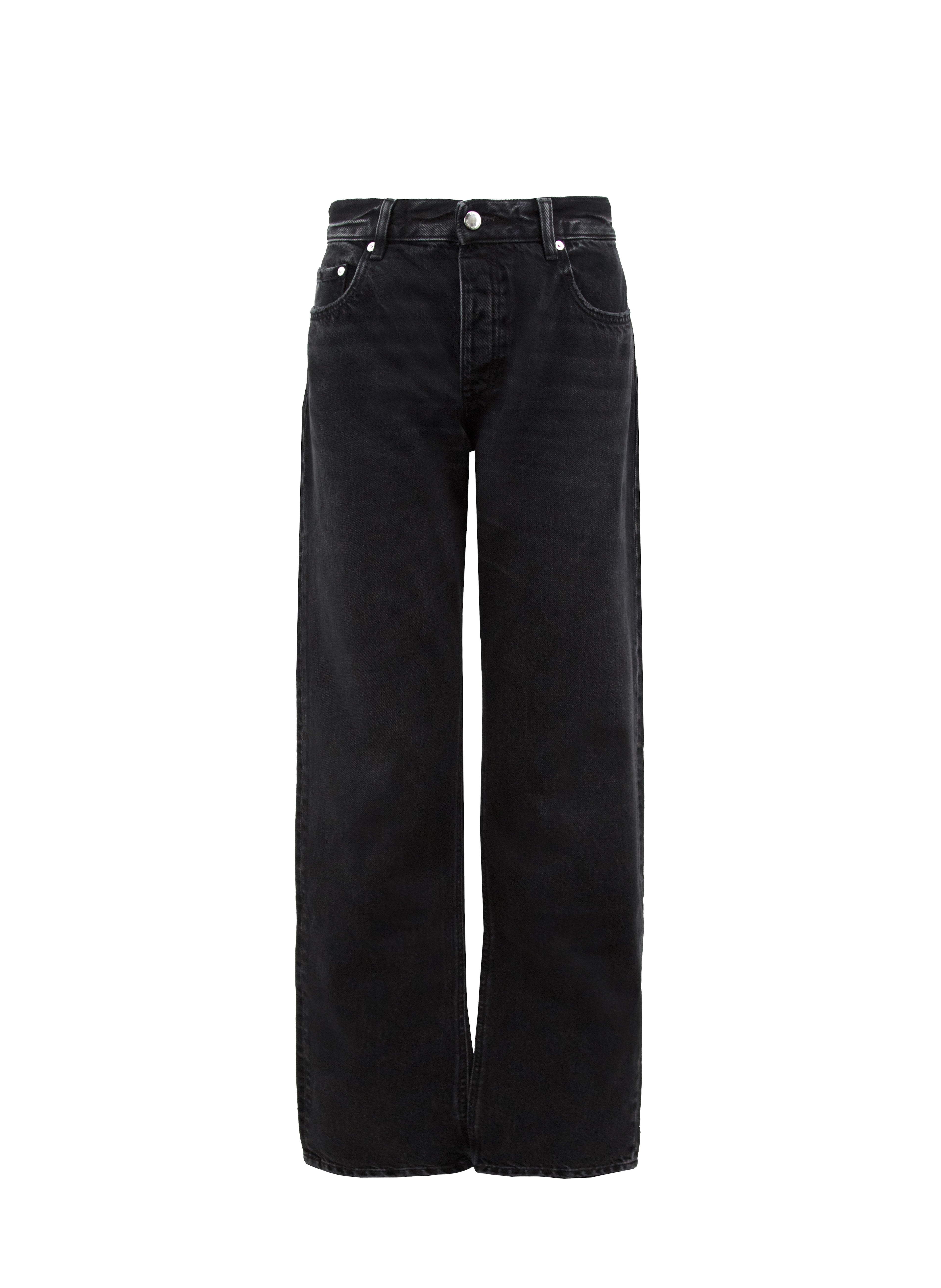 Still life of Kanye men’s loose jeans in graphite black wash, 100% rigid cotton denim.