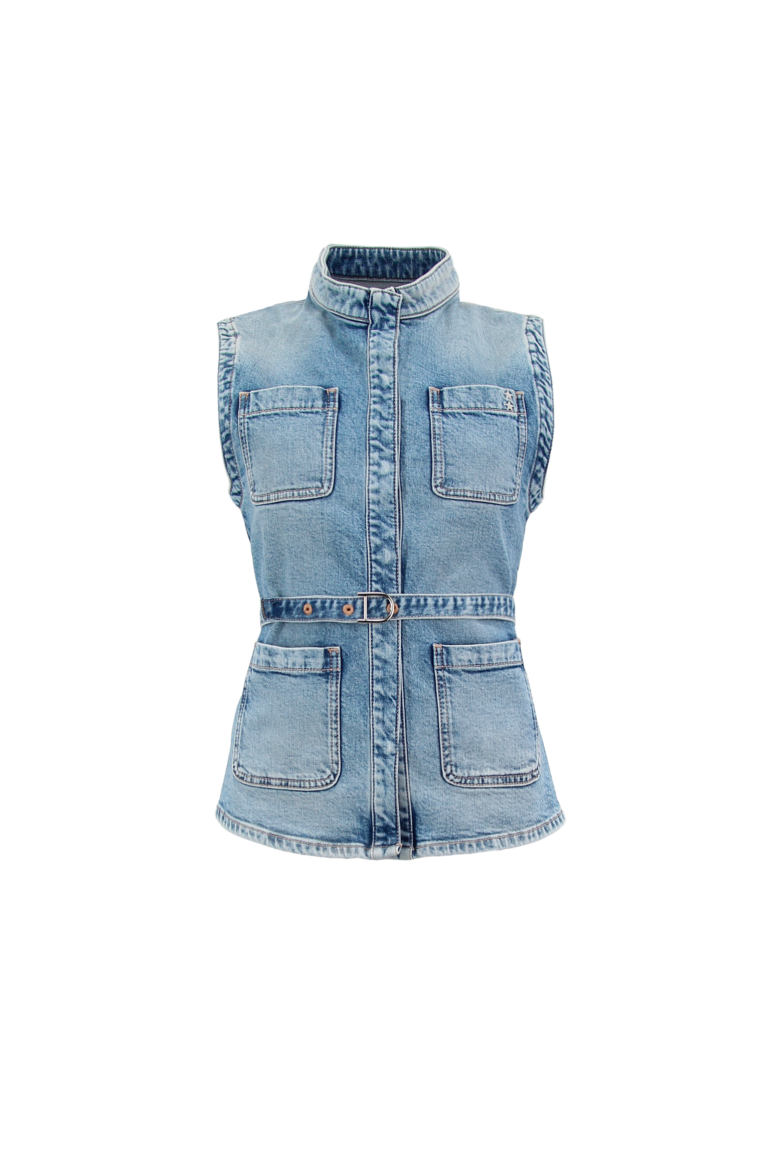 Still life of Kelly women’s vest in medium wash, 100% rigid cotton denim.