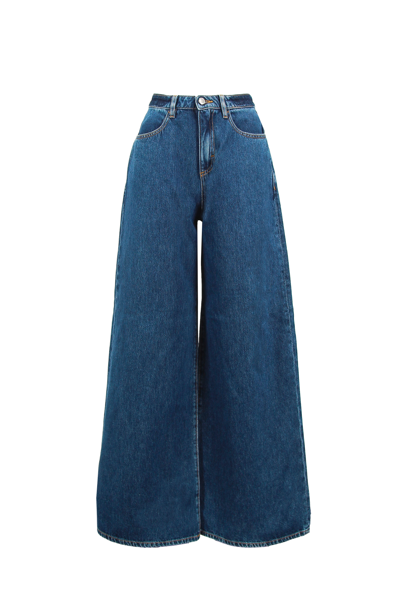 Still life of Kendall women’s wide leg jeans in dark wash, 100% rigid cotton denim.