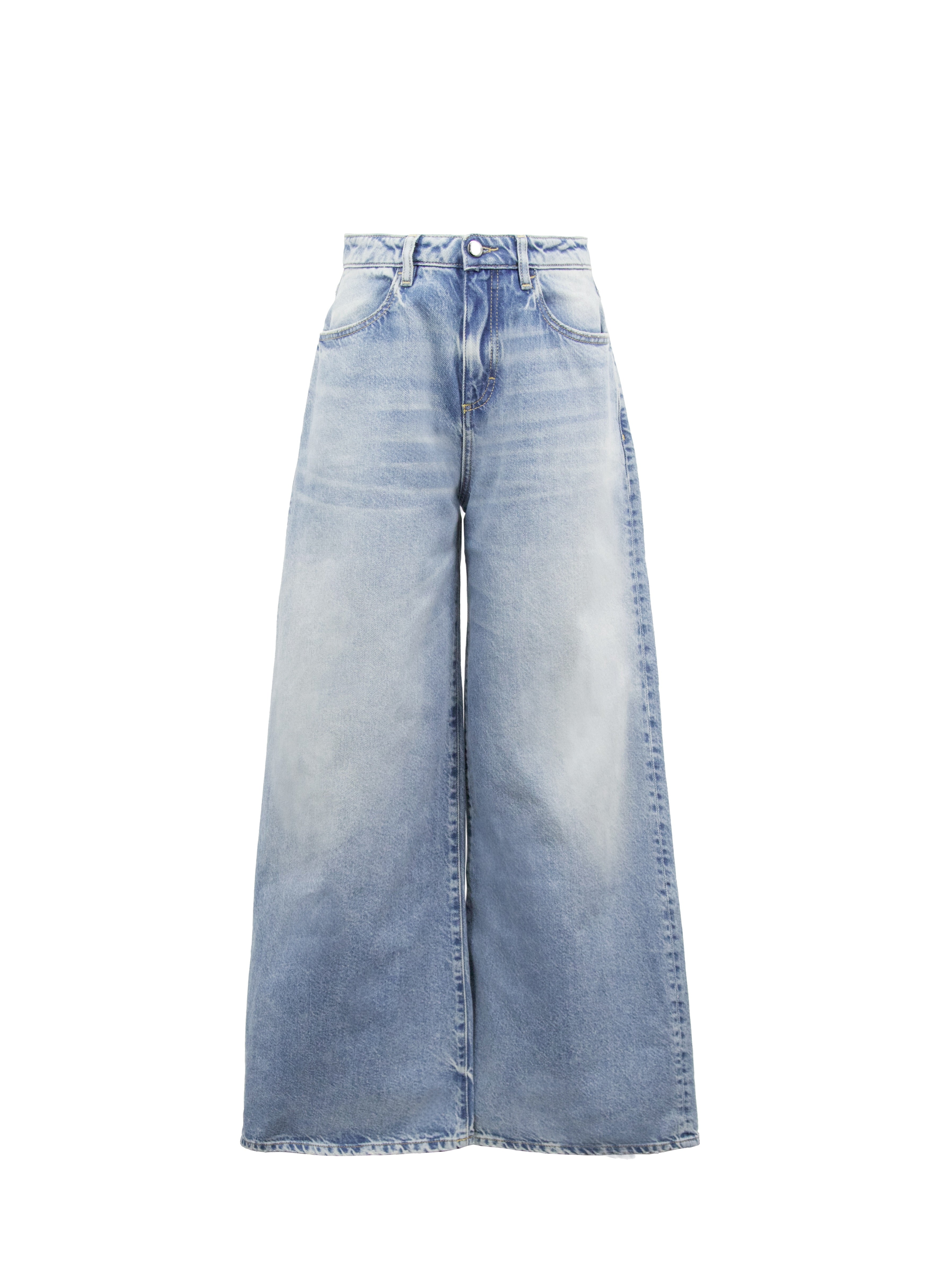 Still life of Kendall women’s wide leg jeans in smoke blue wash, 100% rigid cotton denim.