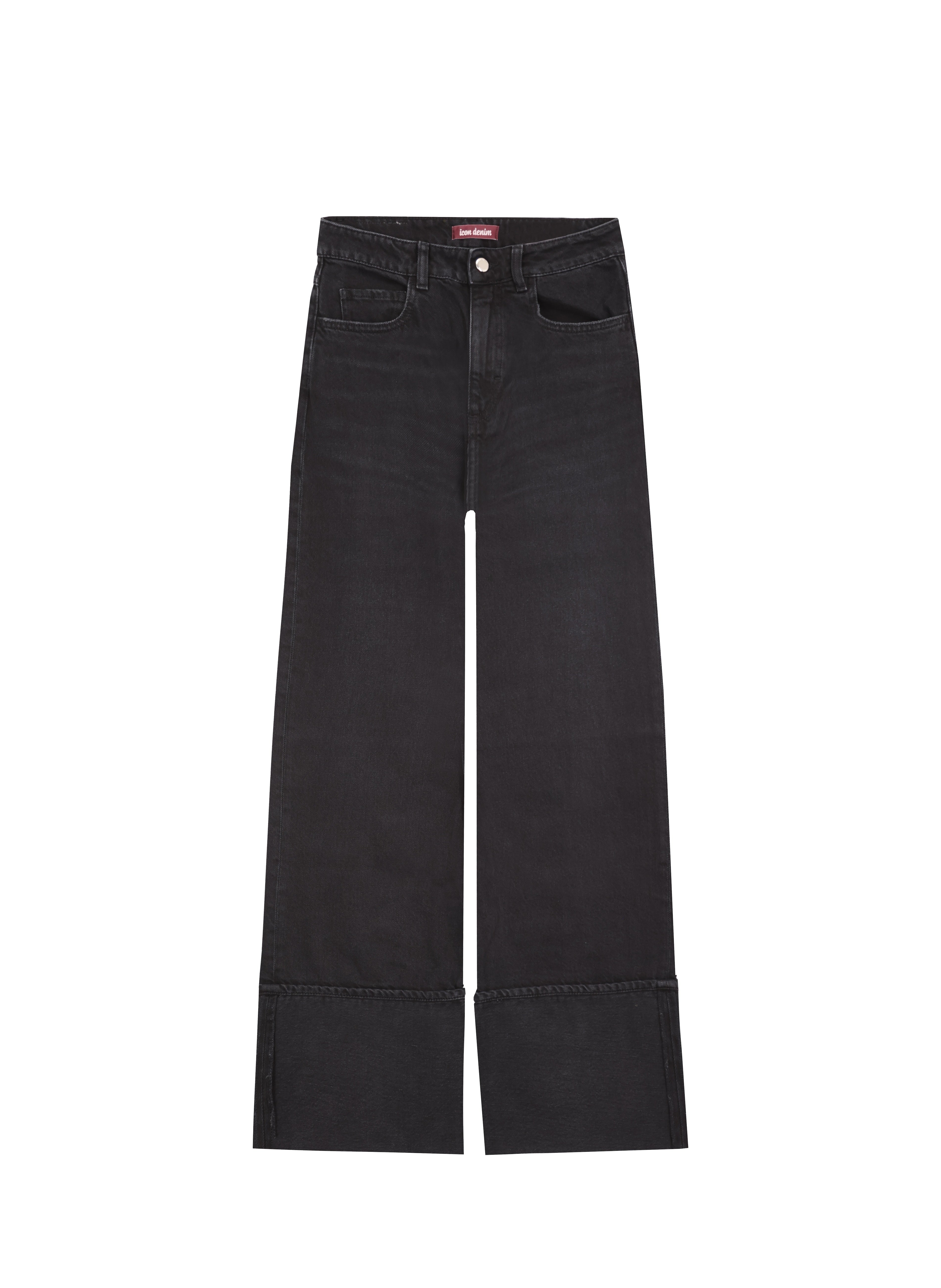 Still life of Kiki women’s wide leg jeans in graphite black wash, 100% rigid cotton denim.