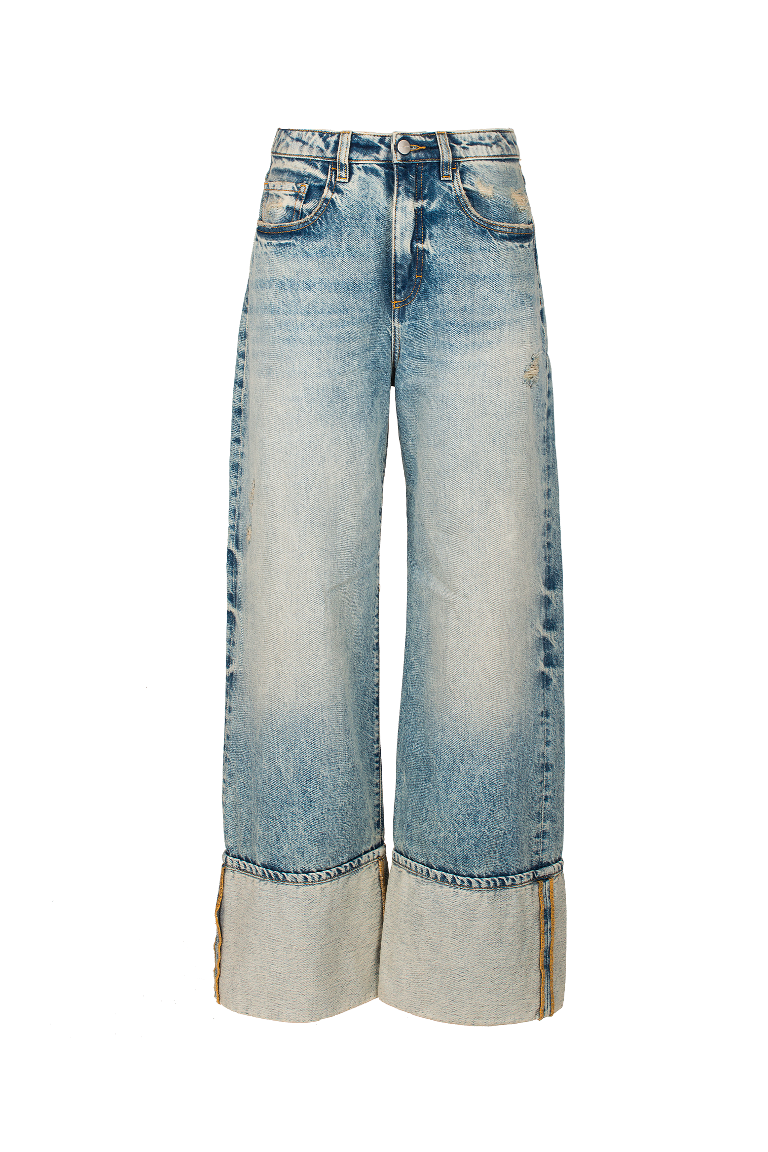 Still life of Kiki women’s wide leg jeans in old effect wash, 100% rigid cotton denim.