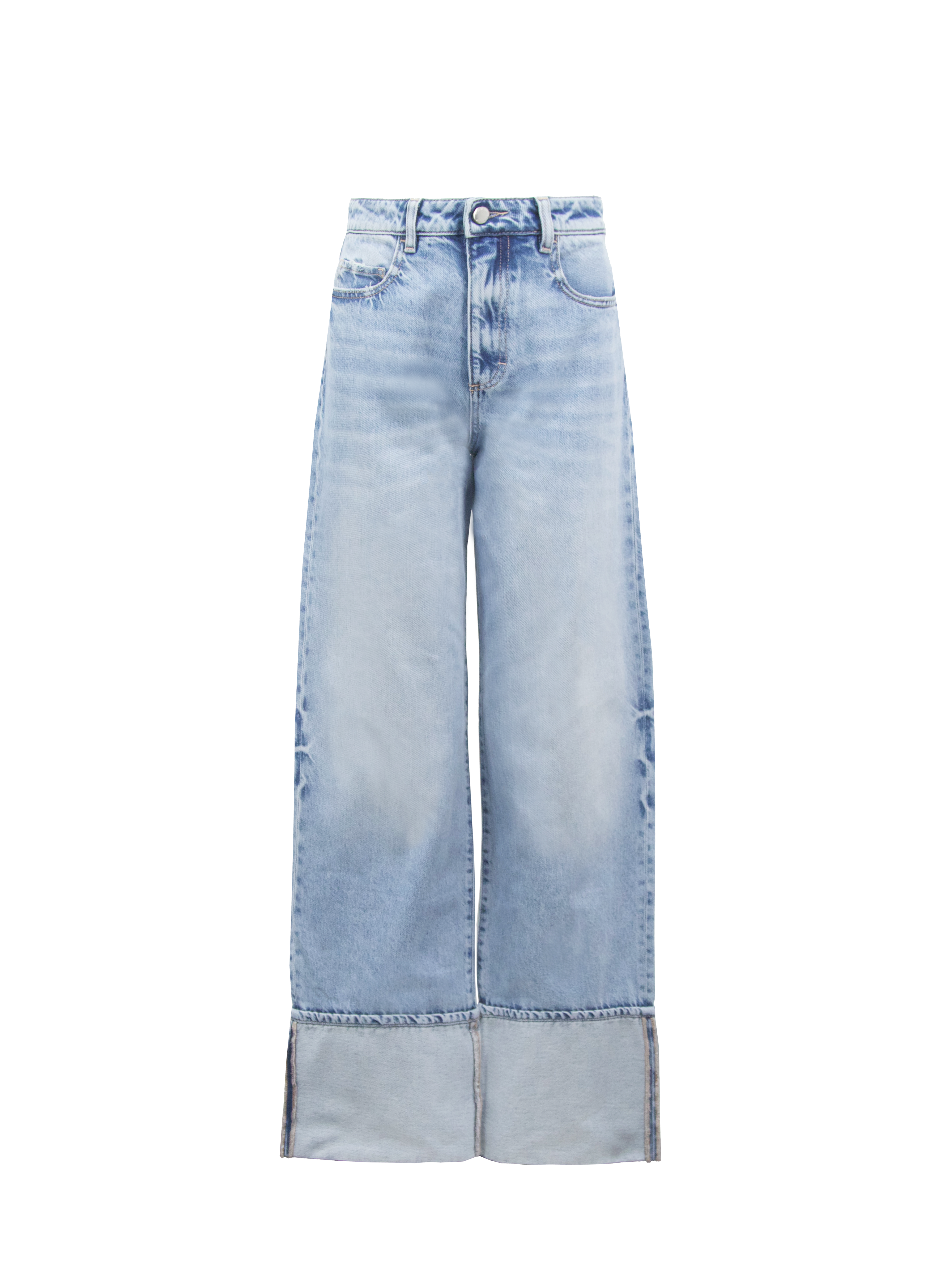 Still life of Kiki women’s wide leg jeans in sky blue wash, 100% rigid cotton denim.
