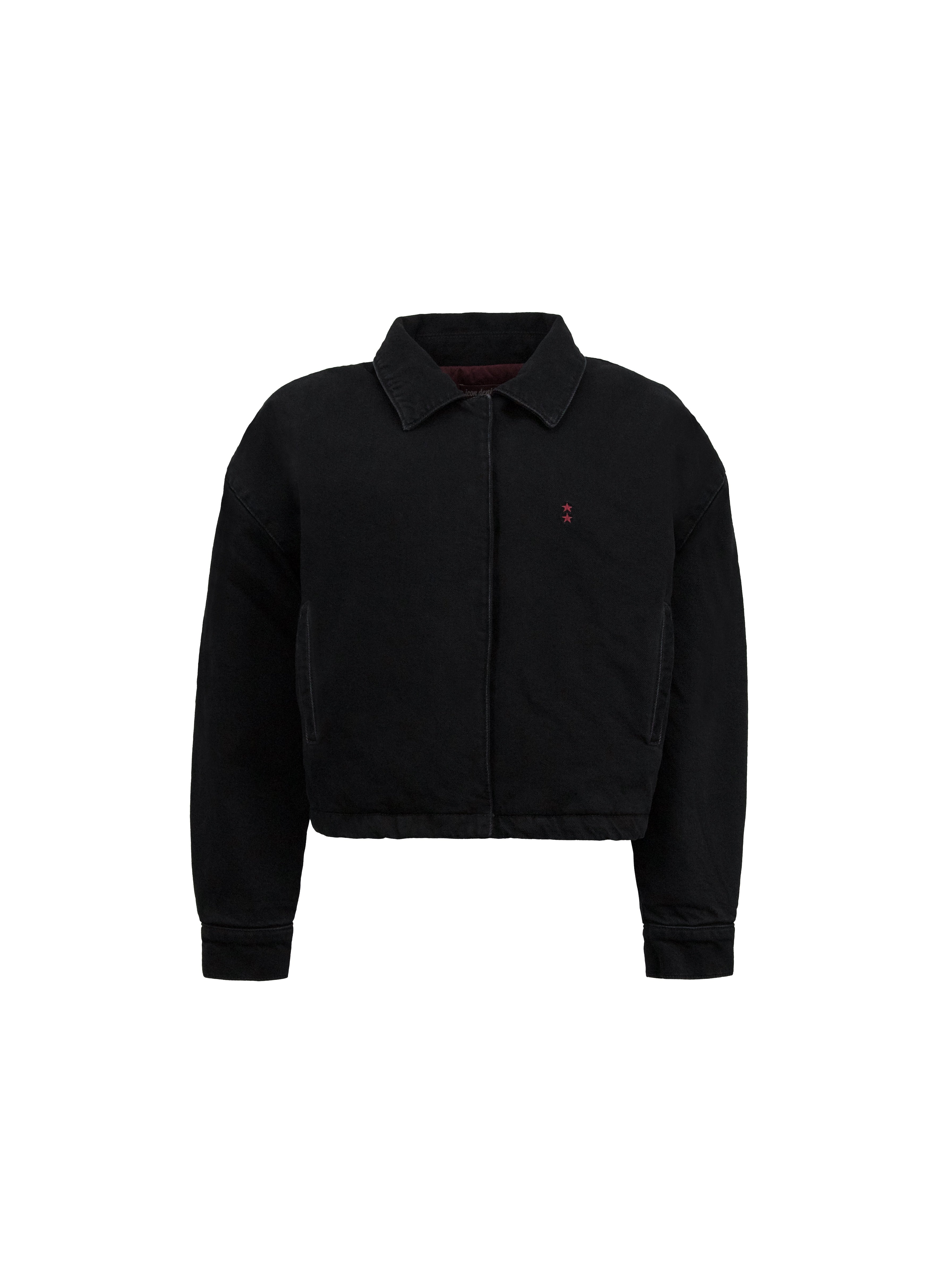 Still life of Kleo women’s jacket in graphite black wash, 100% rigid cotton denim.