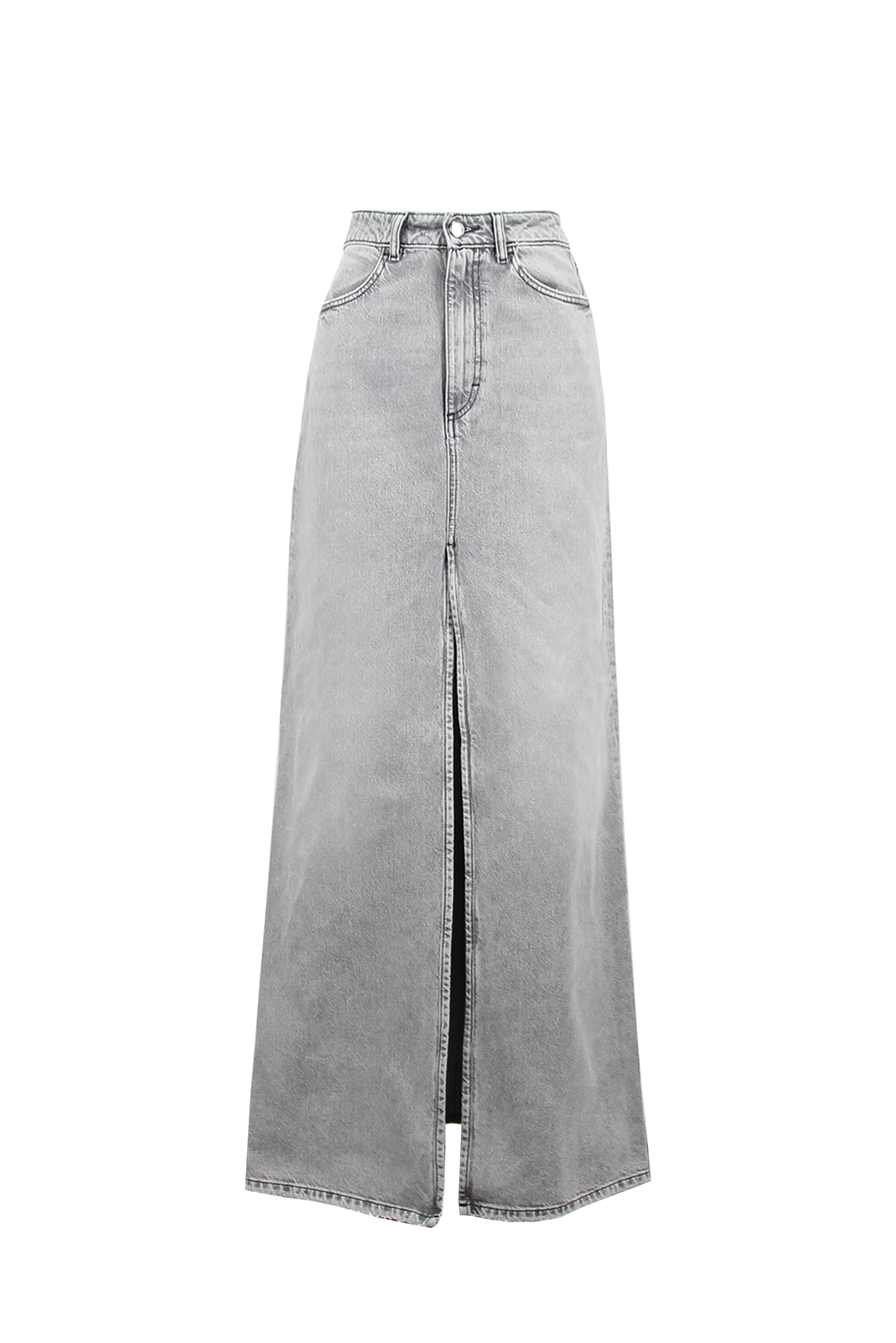 Still life of Lara women’s long skirt in gray wash, 100% rigid cotton denim.