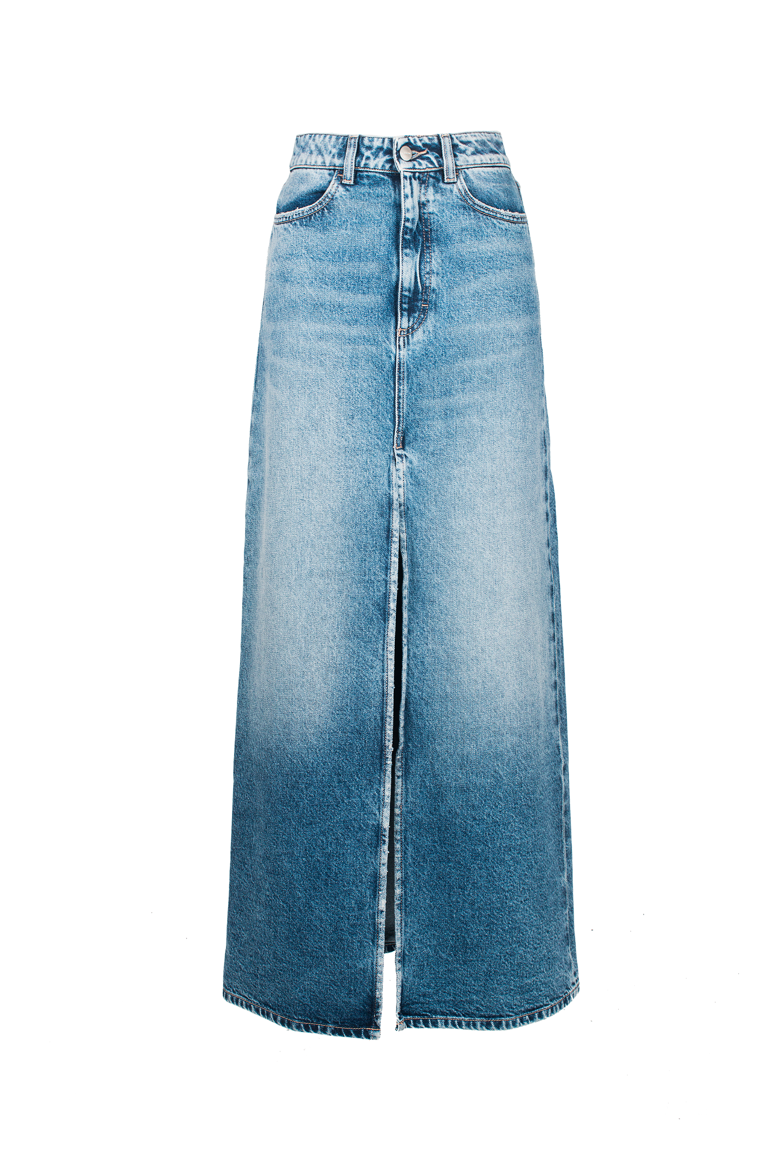 Still life of Lara women’s long skirt in medium wash, 100% rigid cotton denim.