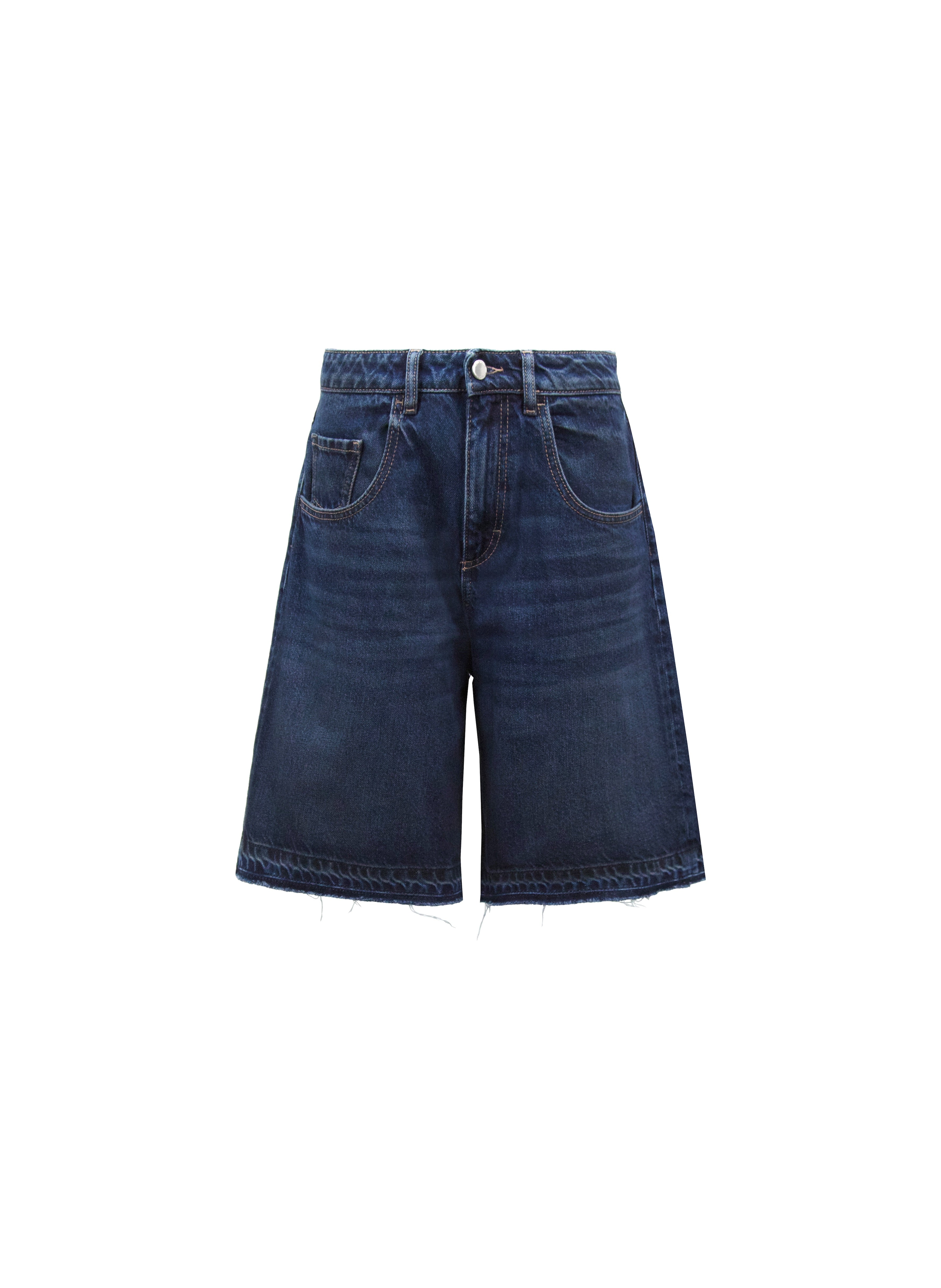 Still life of Lulu women’s wide leg short in dusty blue wash, 100% rigid cotton denim.