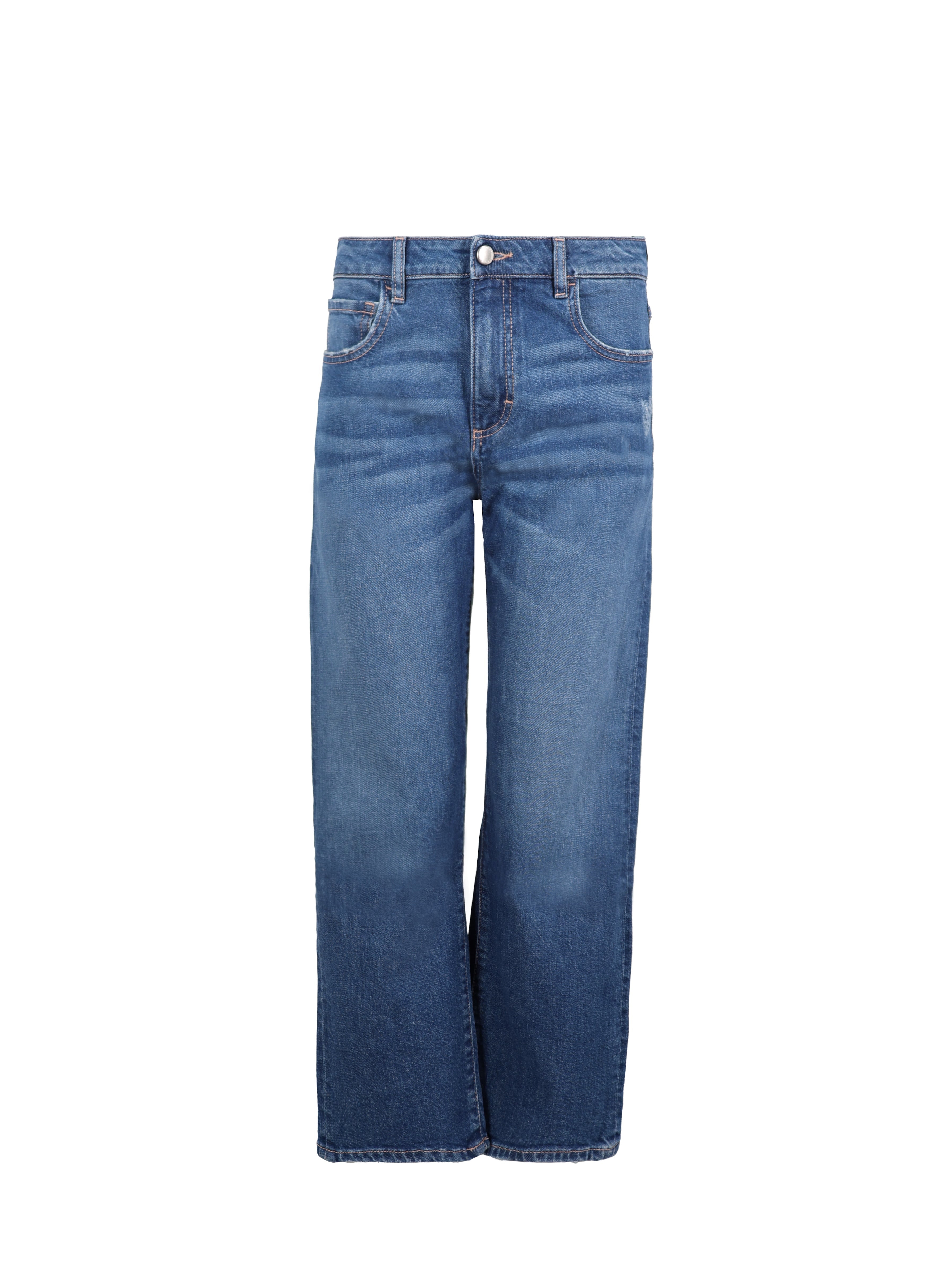 Still life of Mimi women’s straight leg jeans in dusty blue wash, 99% cotton denim and 1% Elastan fibers.