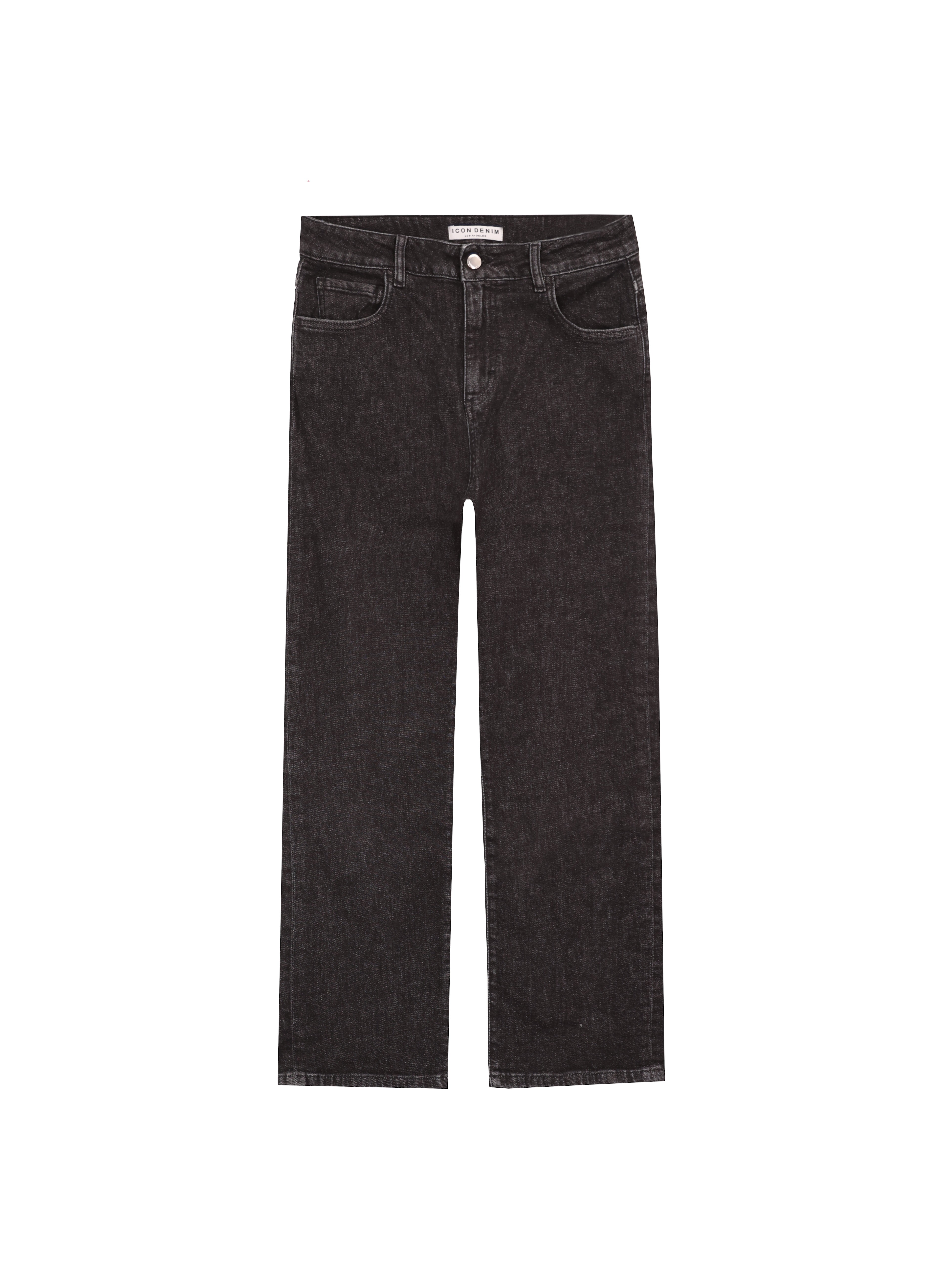 Still life of Mimi women’s straight leg jeans in graphite black wash, 99% cotton denim and 1% Elastan fibers.