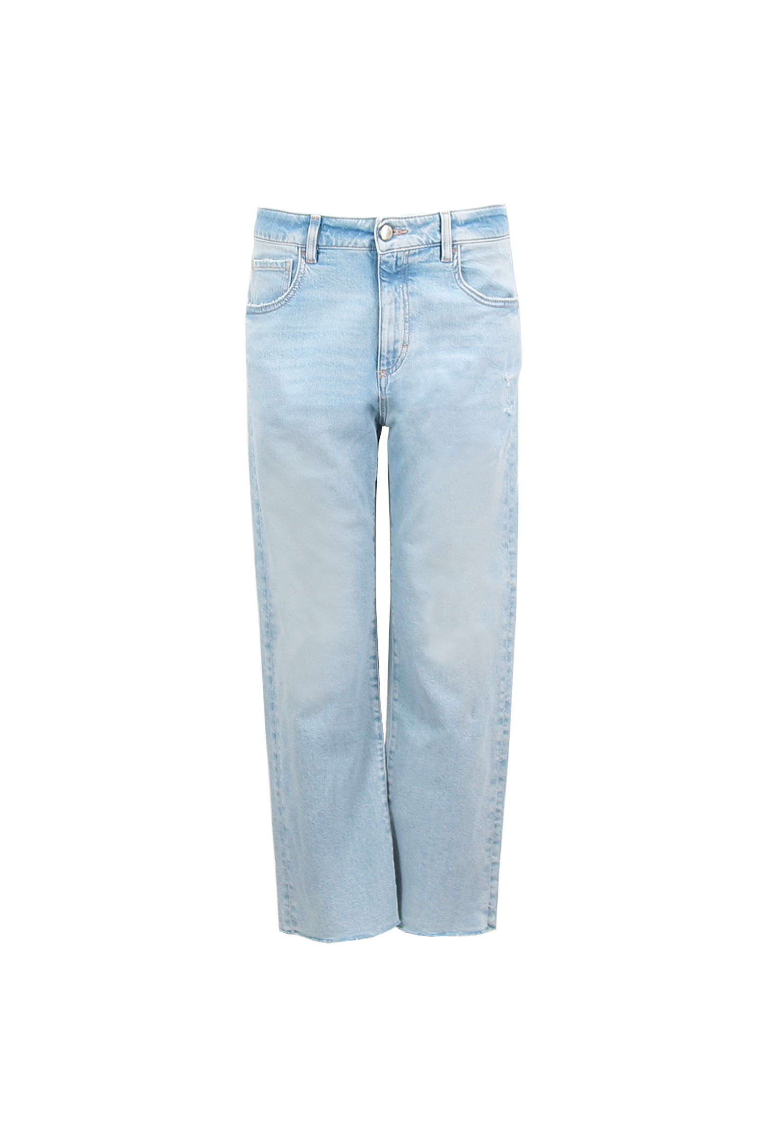 Still life of Mimi women’s straight leg jeans in light wash, 100% rigid cotton denim.