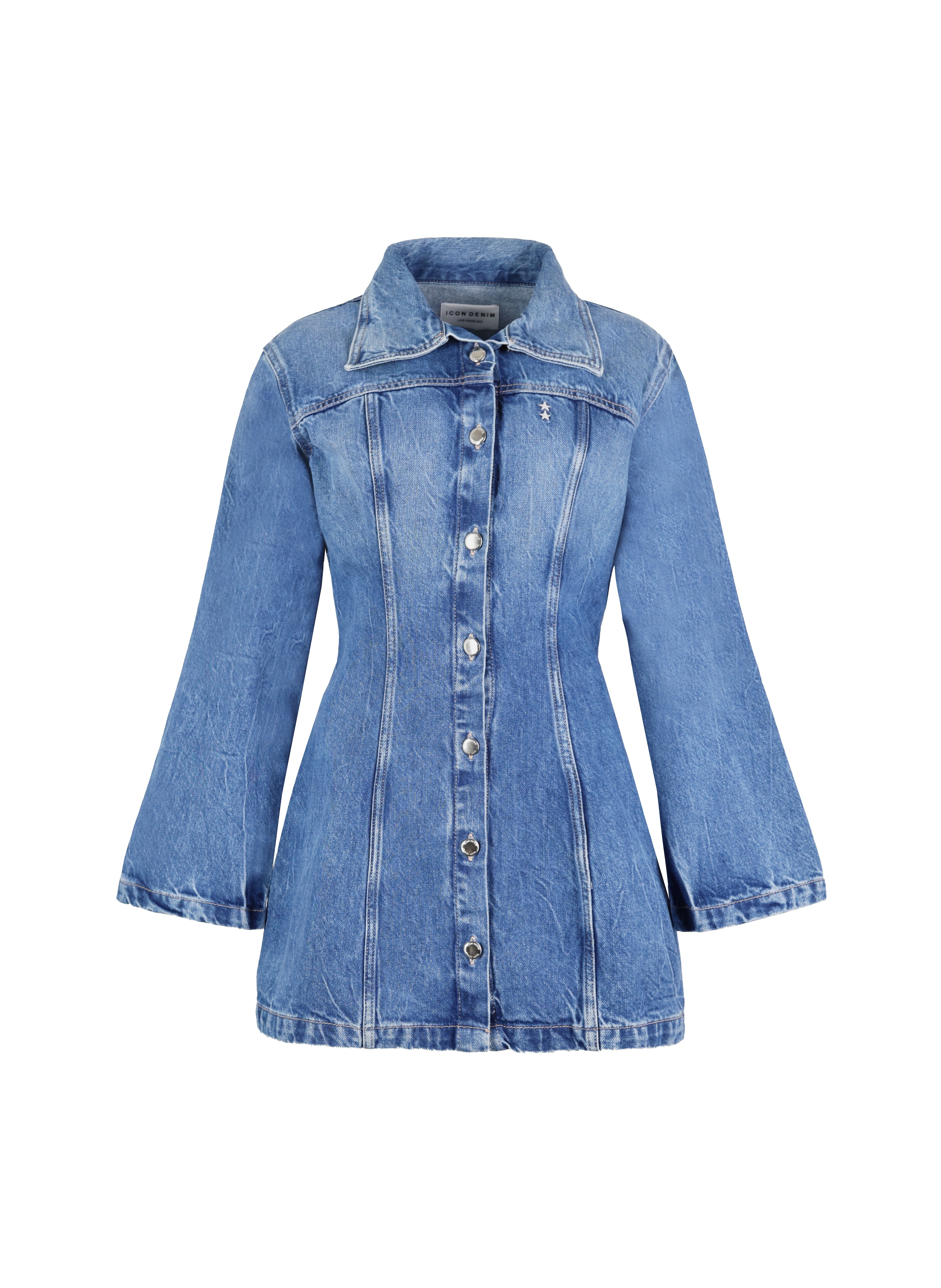 Still life of Mya women’s dress in eclipse wash, 100% rigid cotton denim.