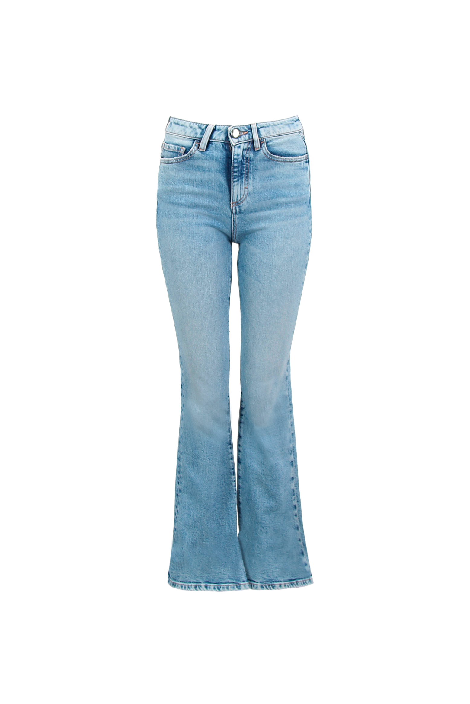 Still life of Natie women’s flared leg jeans in light wash, 99% cotton denim and 1% elastan fibers.