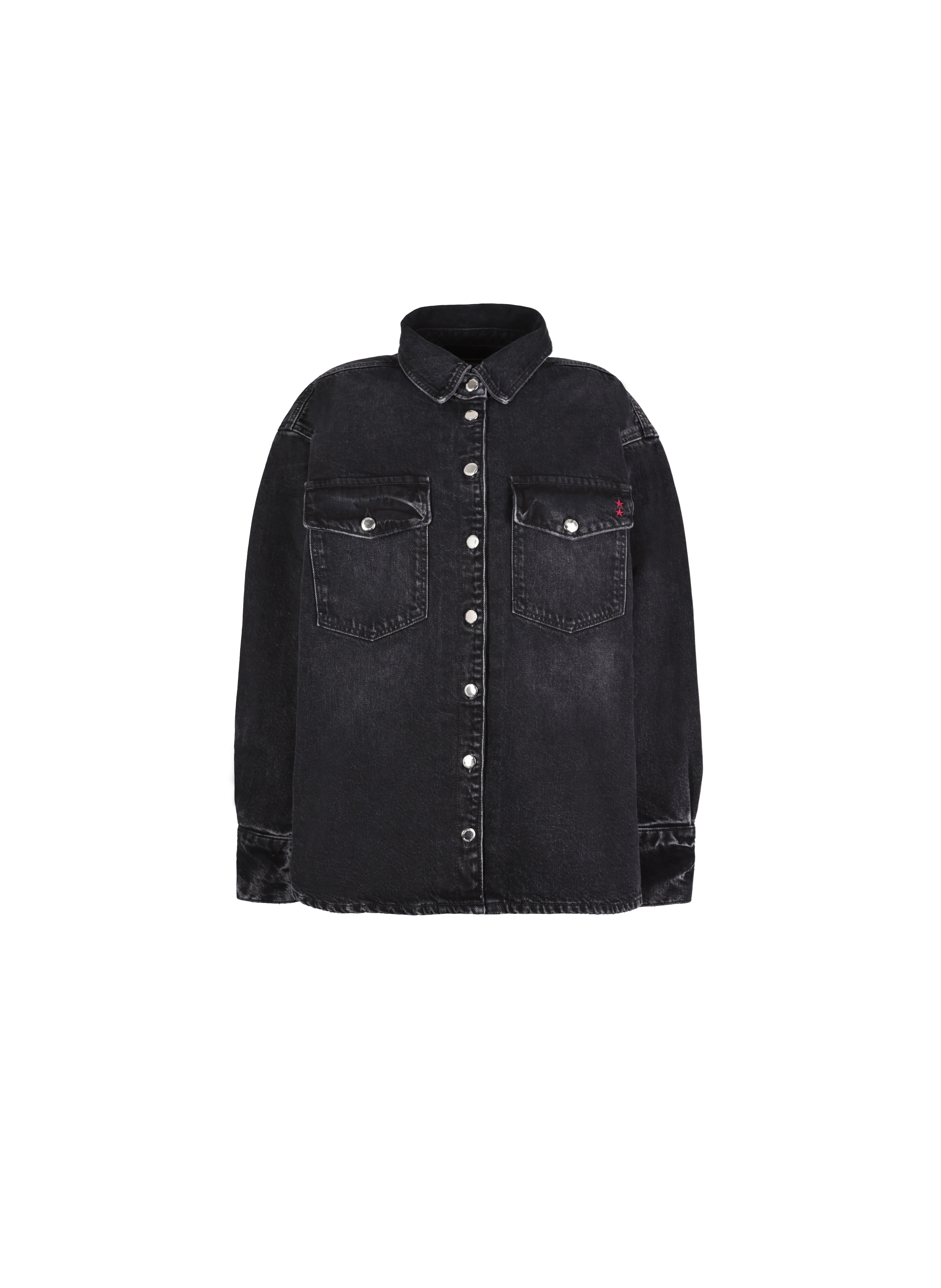 Still life of Noa women’s oversize shirt in graphite black wash, 100% rigid cotton denim.
