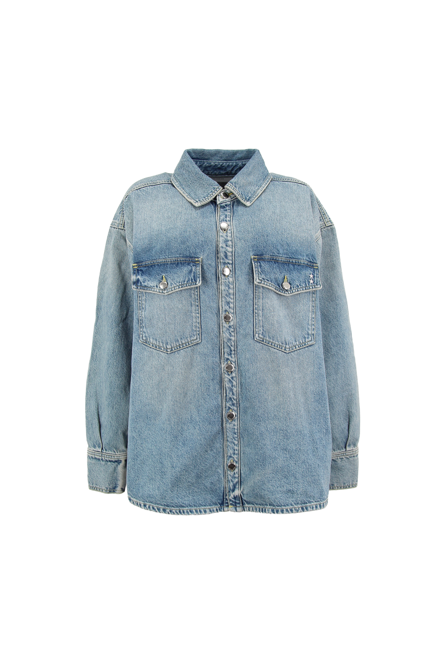 Still life of Noa women’s oversize shirt in smoke blue wash, 100% rigid cotton denim.