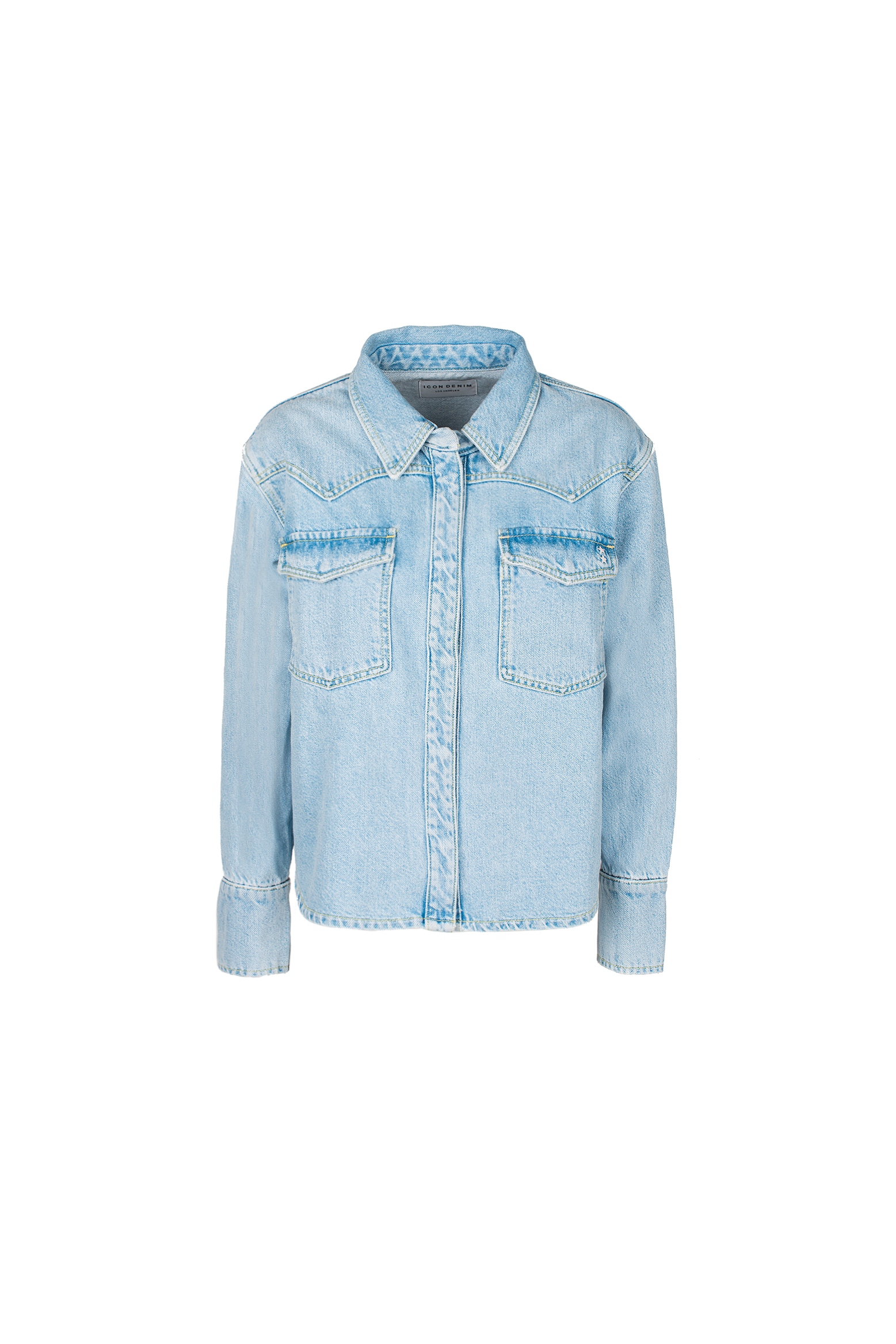 Still life of Norah women’s regular shirt in light wash, 100% rigid cotton denim.