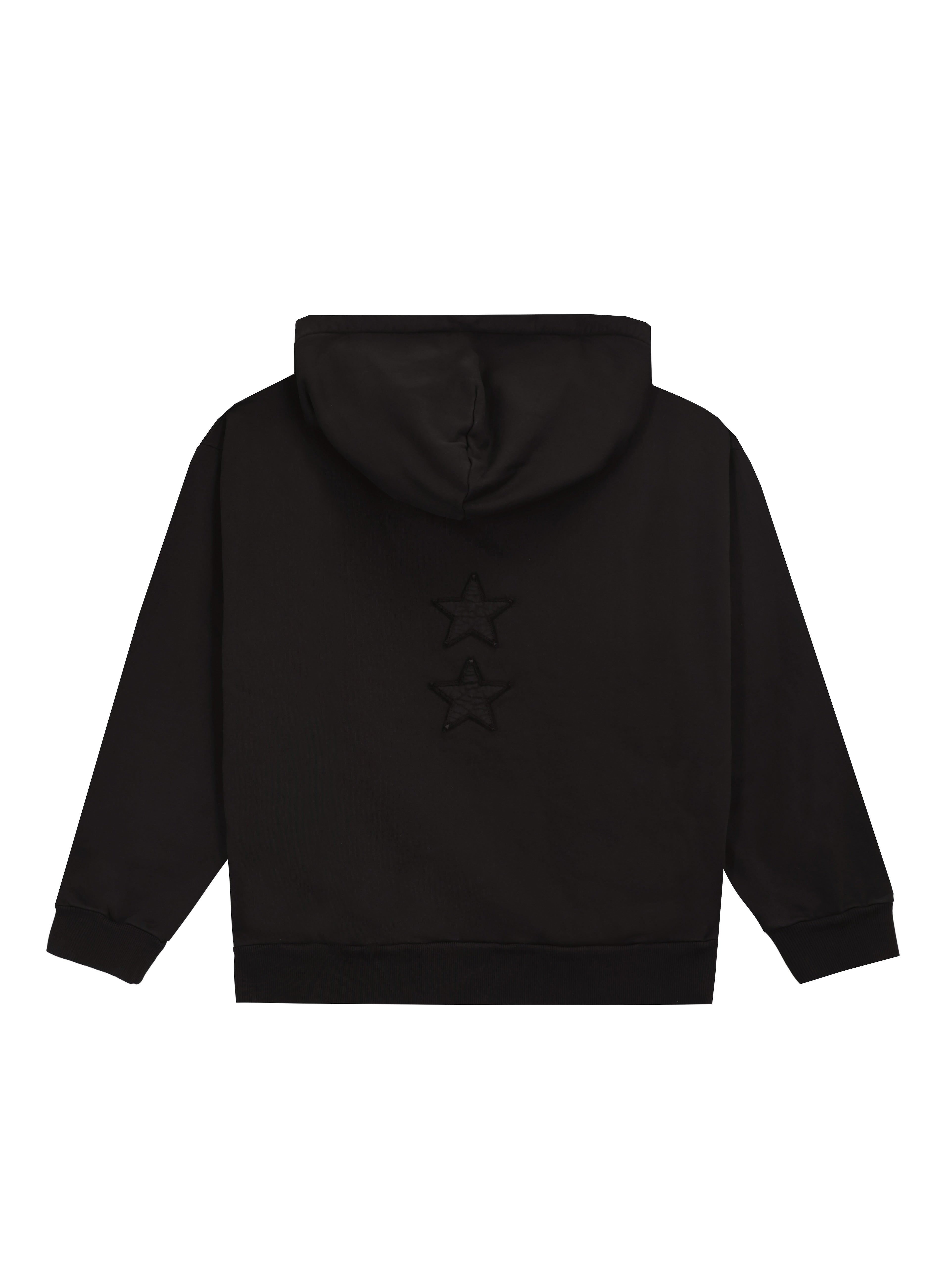 Still life back of Owen men’s hoodie in black, 100% cotton.