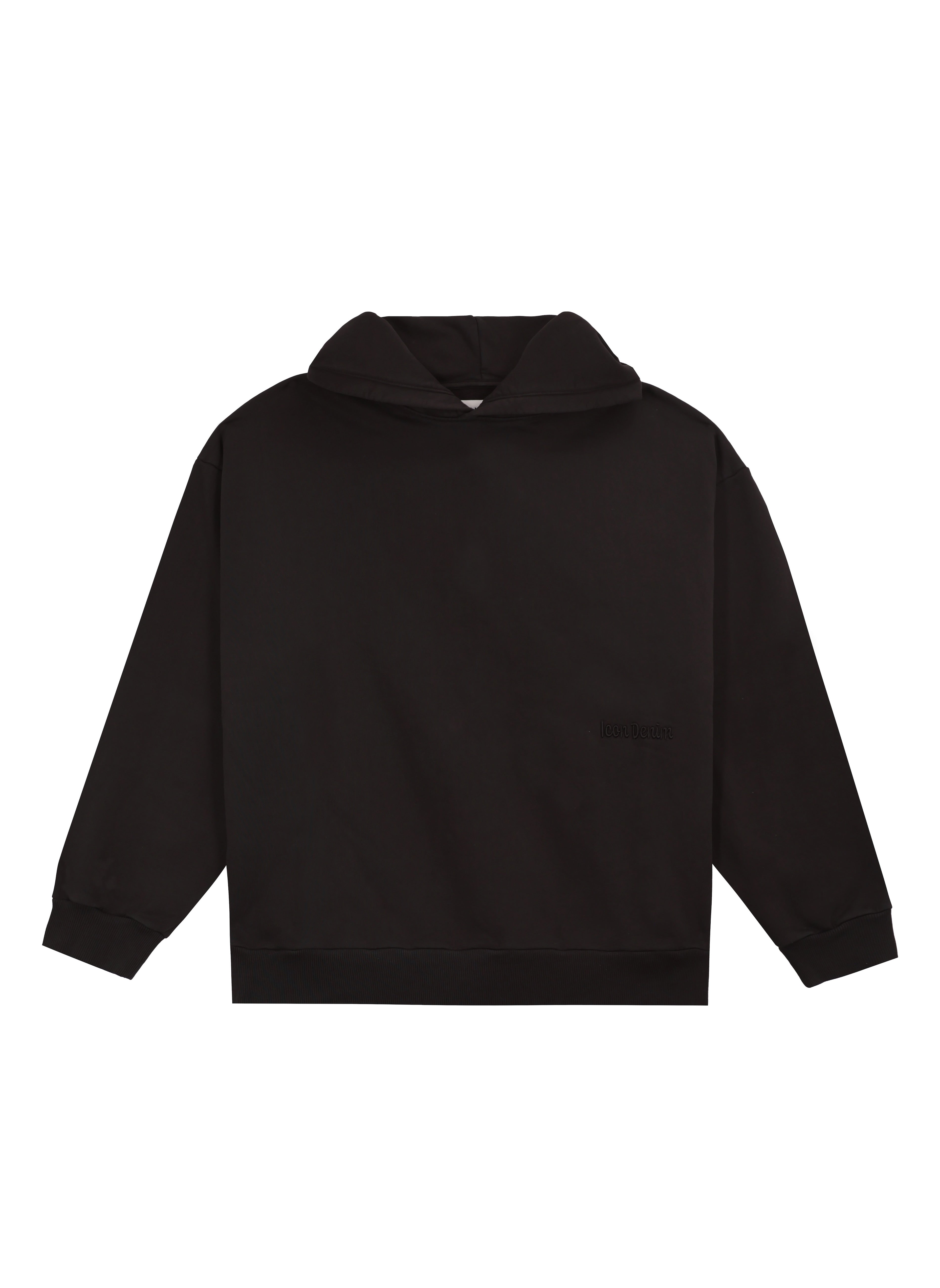 Still life of Owen men’s hoodie in black, 100% cotton.