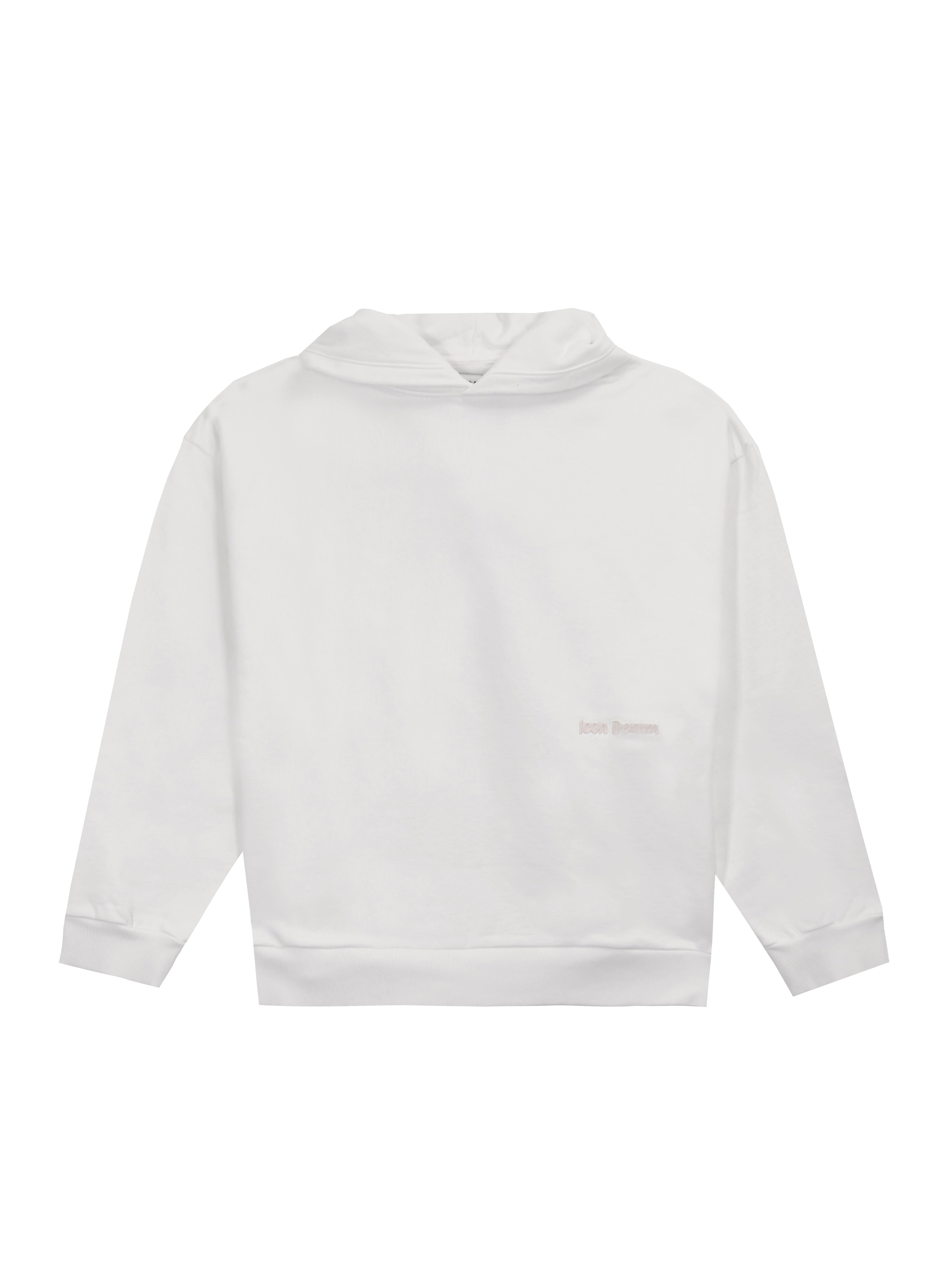 Still life of Owen men’s hoodie in white, 100% cotton.