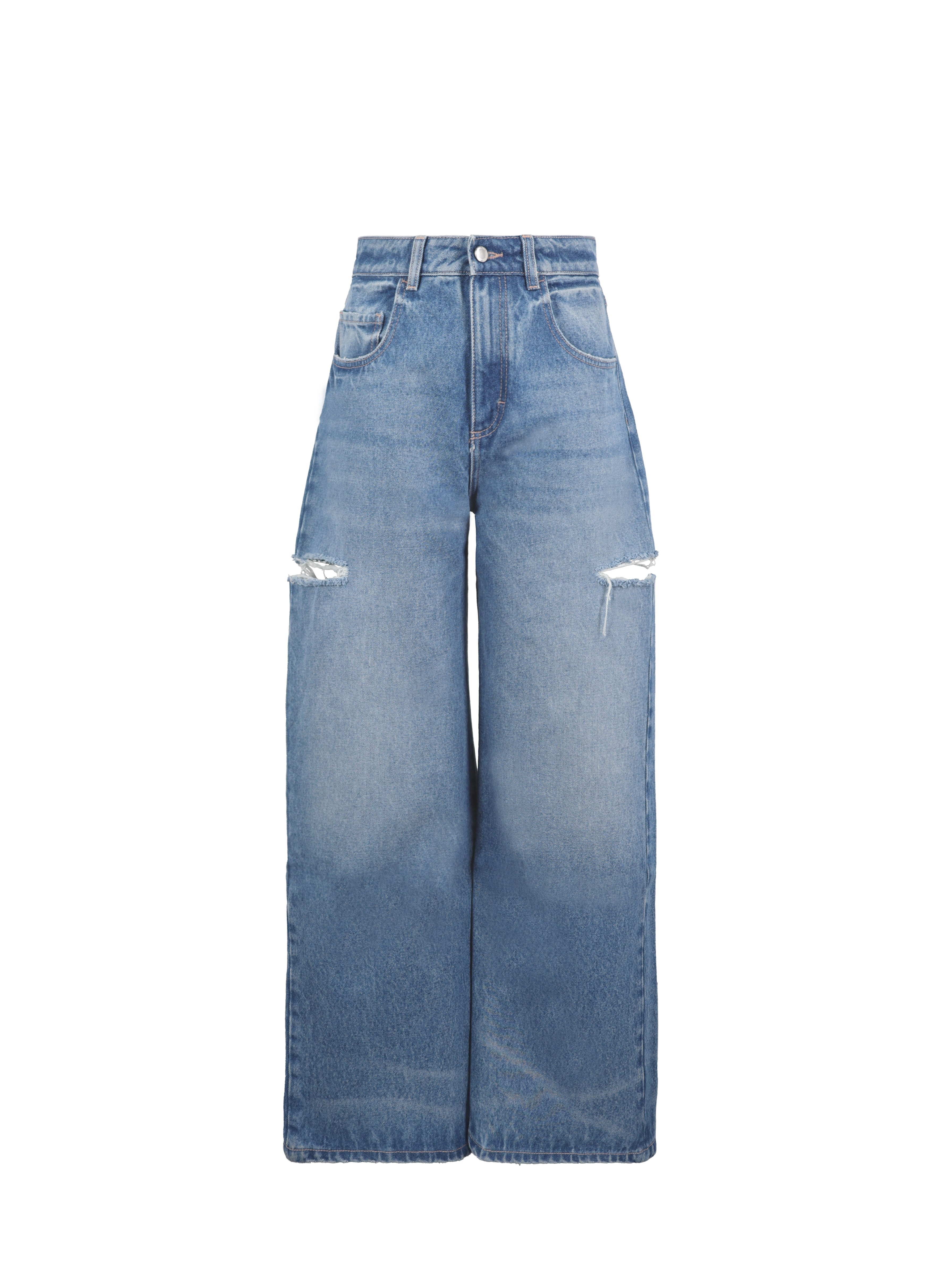 Still life of Poppy eco women’s wide leg jeans in deep ocean wash, 100% rigid organic cotton denim.