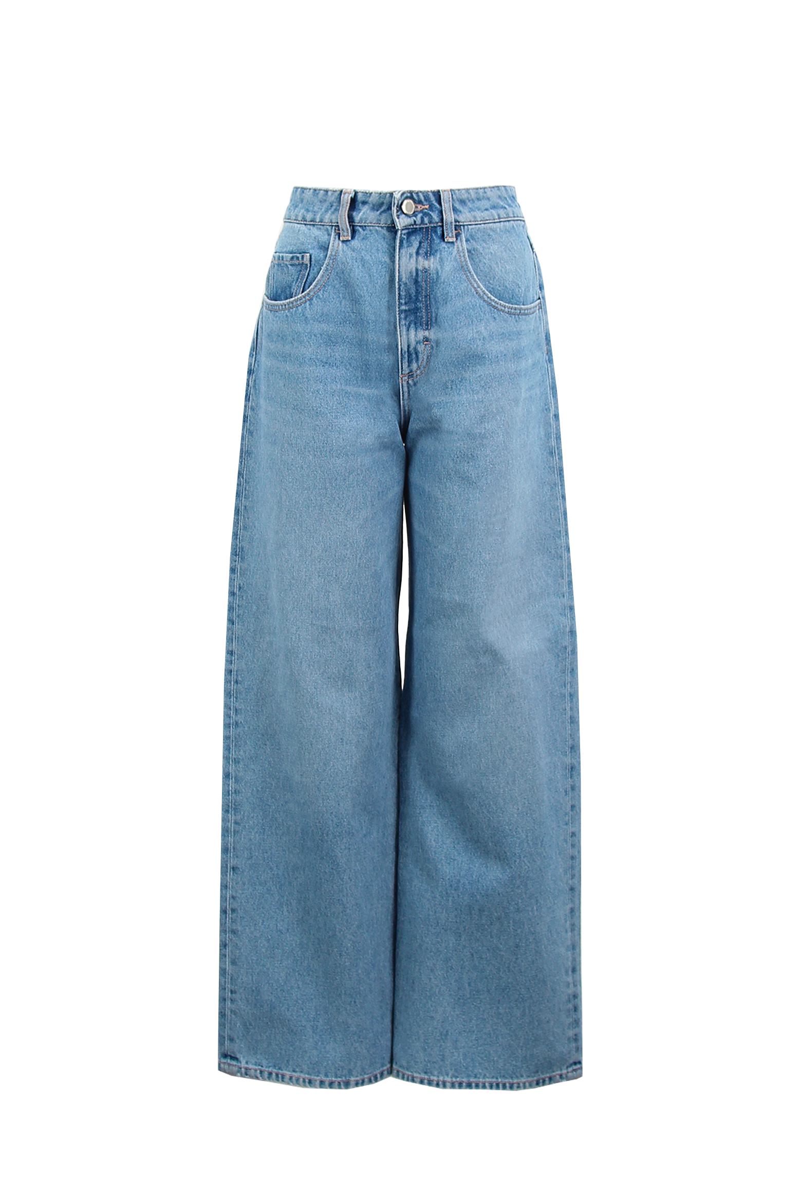 Still life of Poppy eco women’s wide leg jeans in medium wash, 100% rigid organic cotton denim.