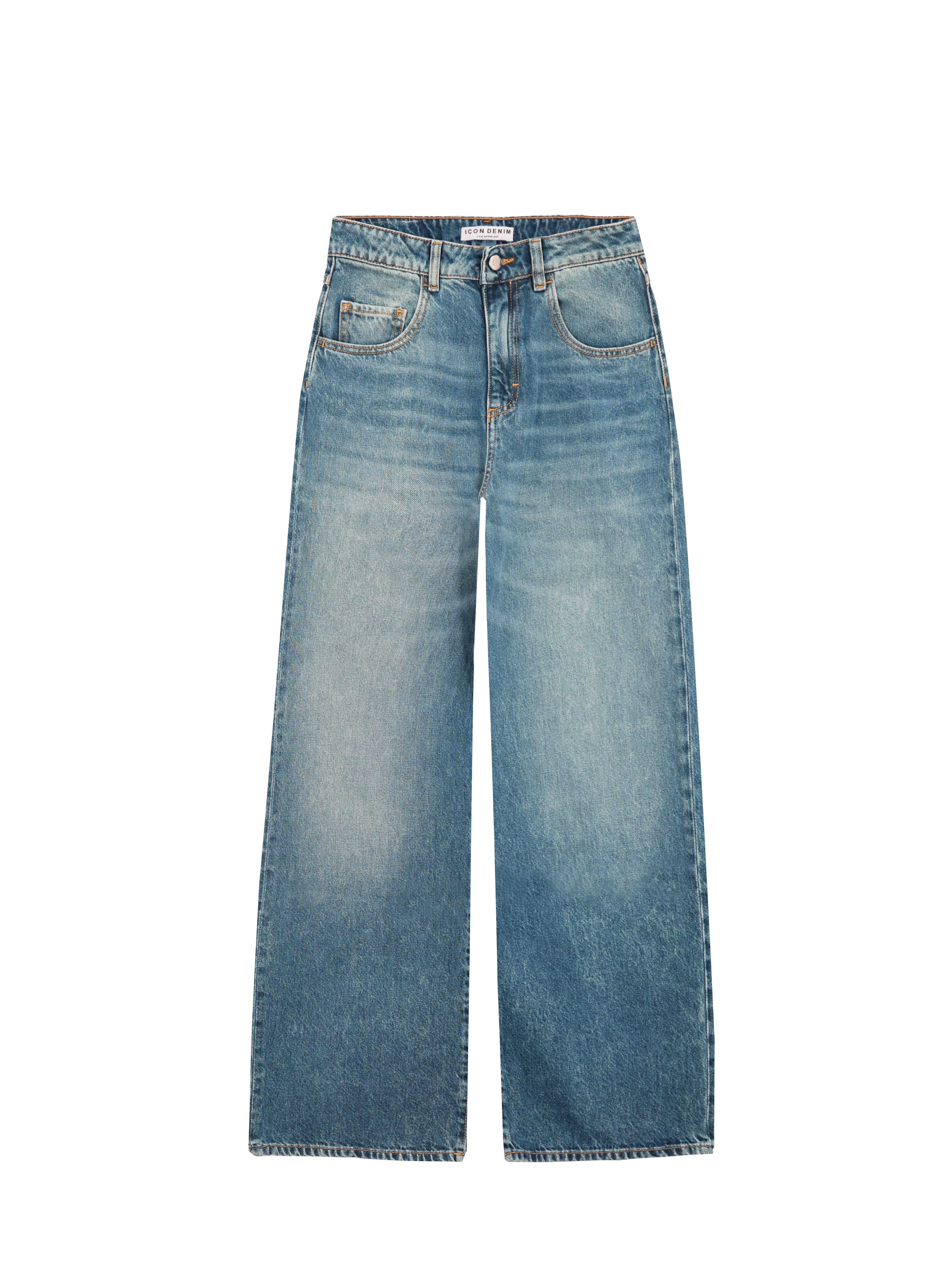 Still life of Poppy women’s wide leg jeans in aged stone wash, 100% rigid cotton denim.