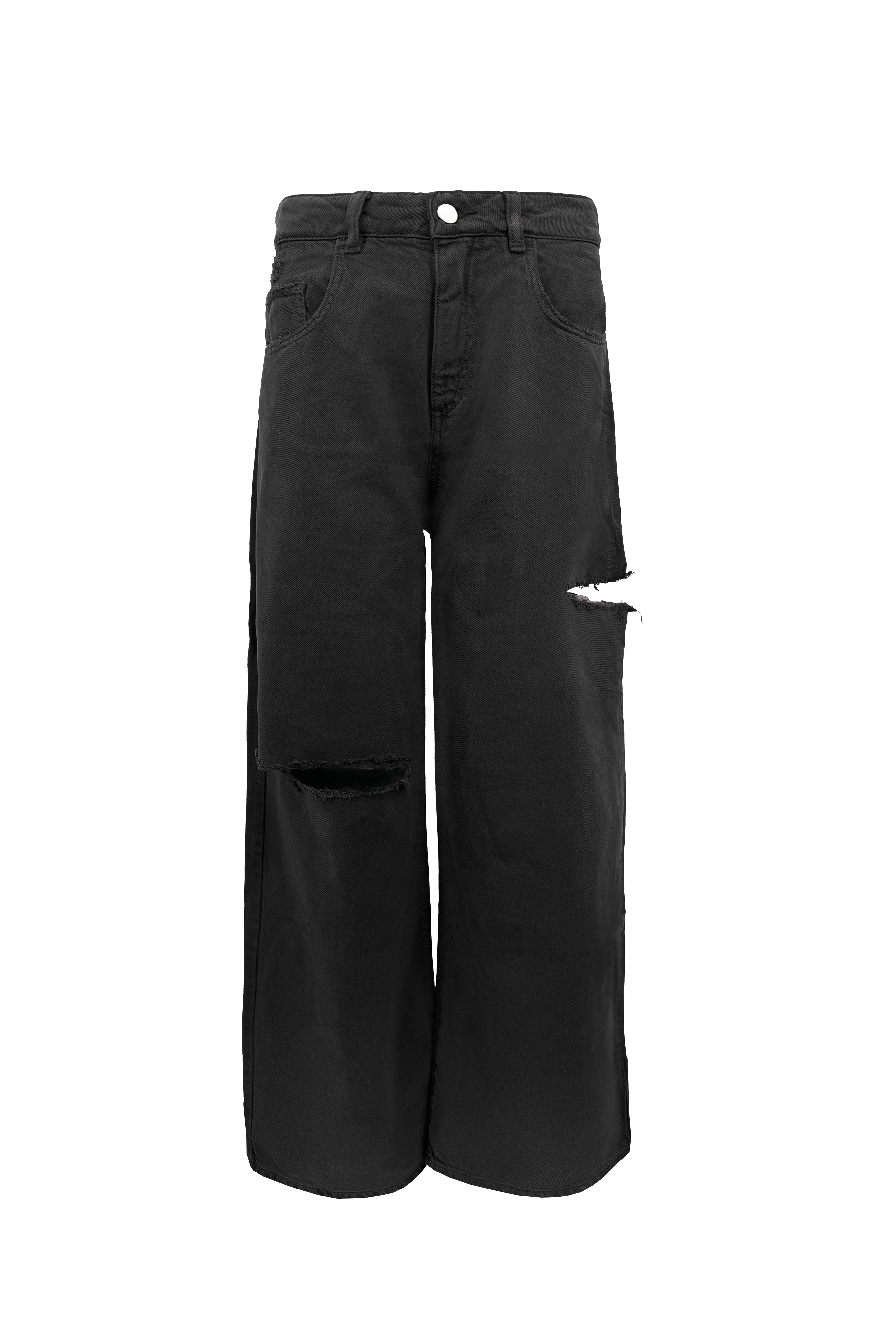 Still life of Poppy women’s wide leg jeans in black, 100% rigid cotton denim.