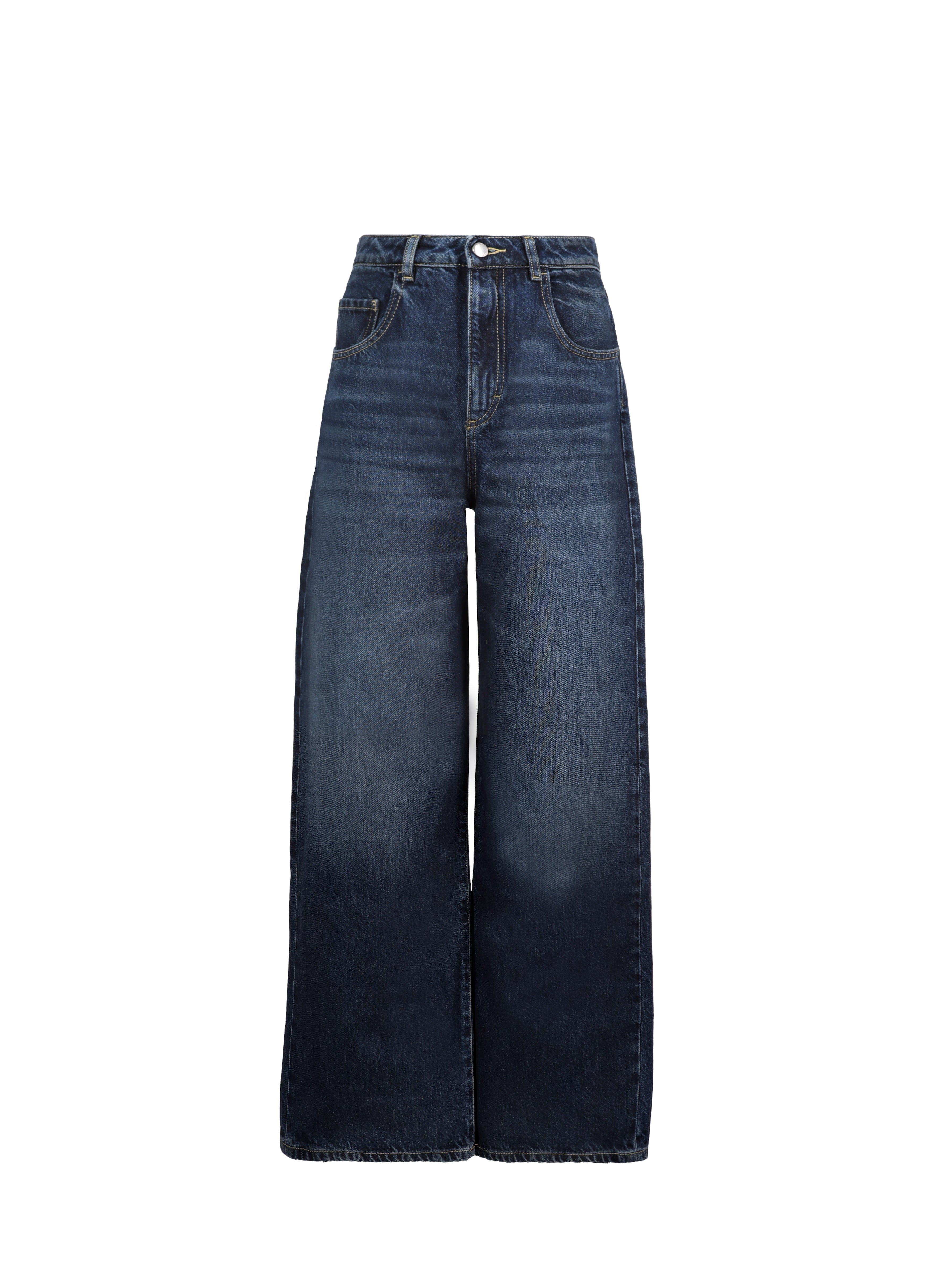 Still life of Poppy women’s wide leg jeans in dusty blue wash, 100% rigid cotton denim.