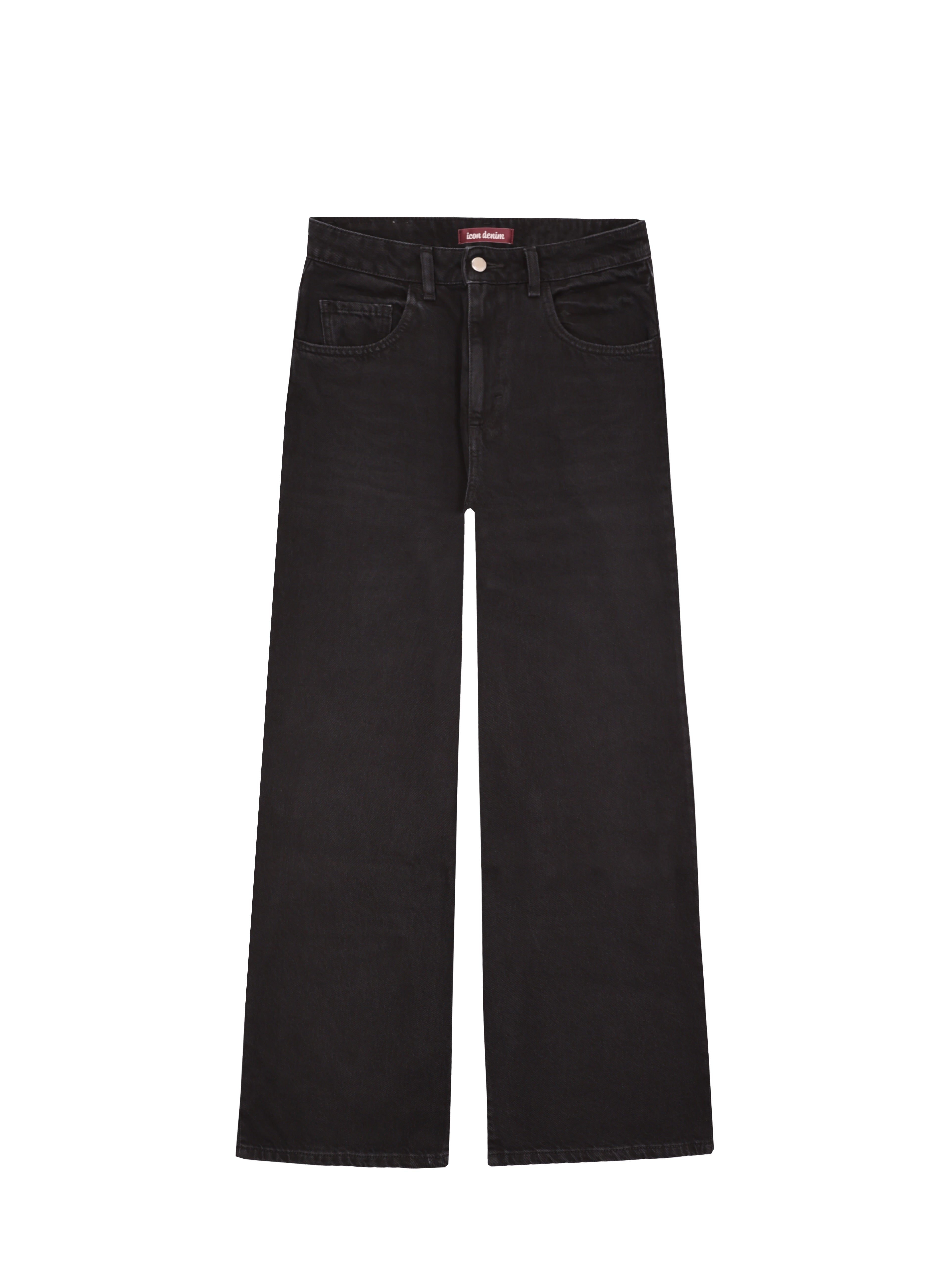 Still life of Poppy women’s wide leg jeans in graphite black wash, 100% rigid cotton denim.
