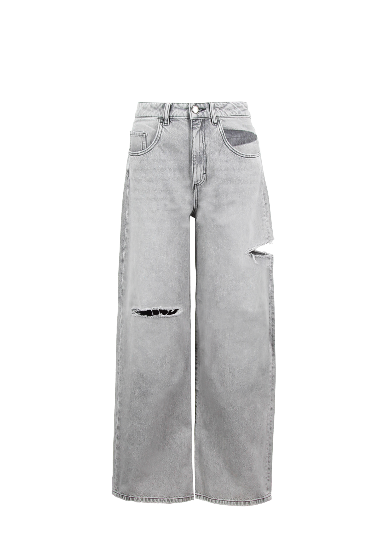 Still life of Poppy women’s wide leg jeans in gray wash, 100% rigid cotton denim.