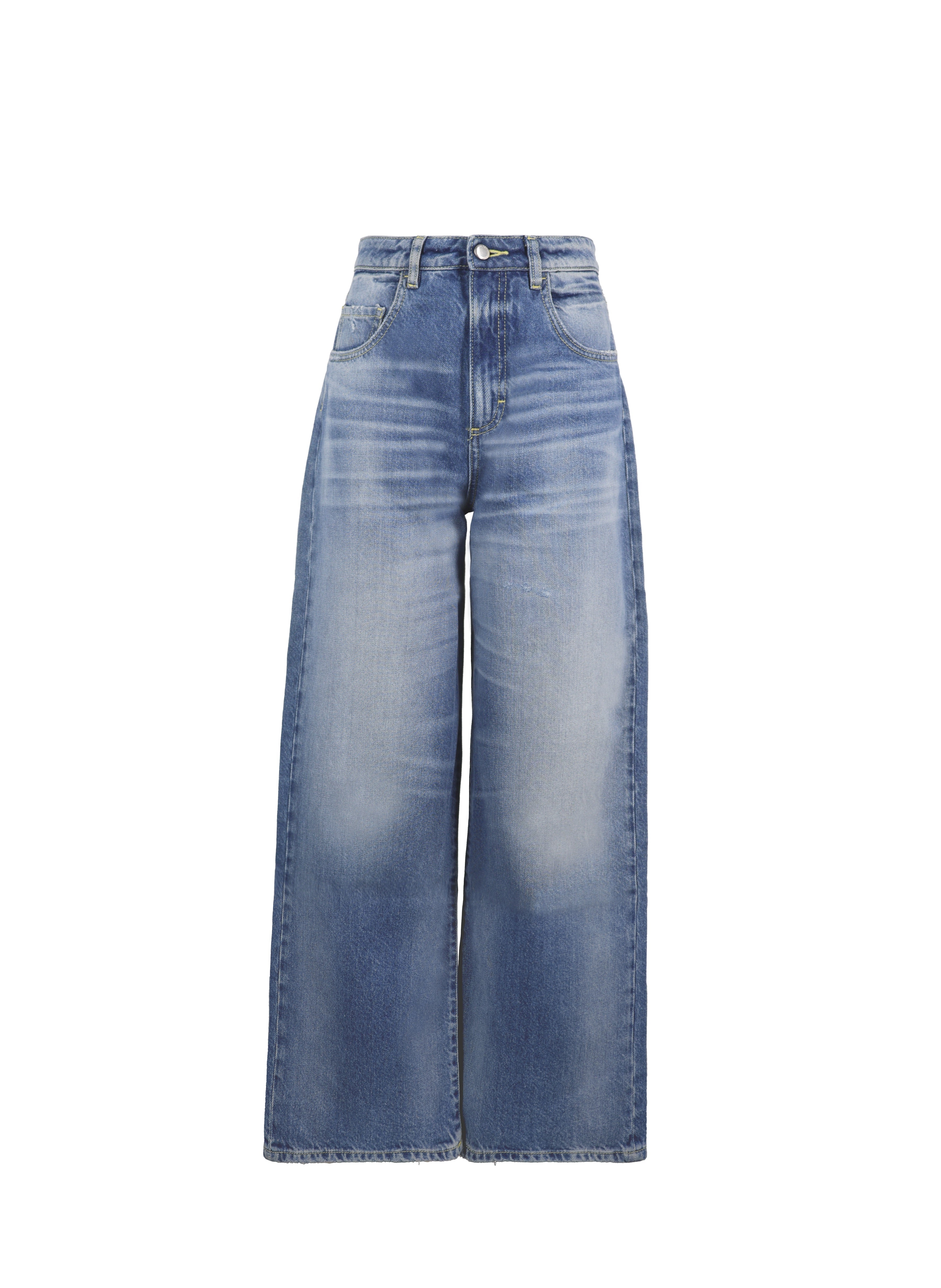 Still life of Poppy women’s wide leg jeans in misty blue wash, 100% rigid cotton denim.