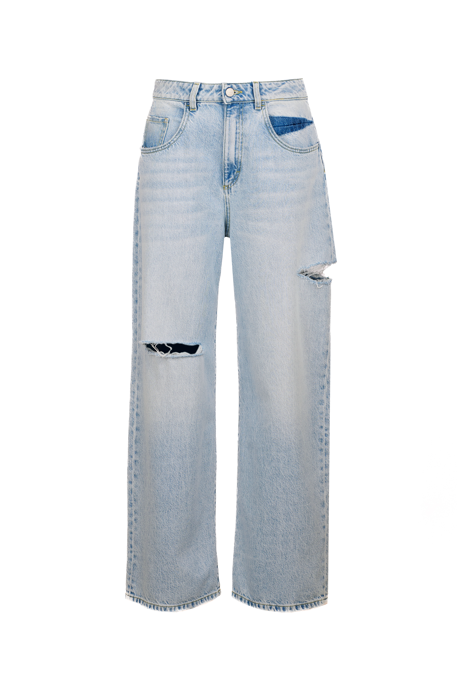 Still life of Poppy women’s wide leg jeans in sky blue wash, 100% rigid cotton denim.
