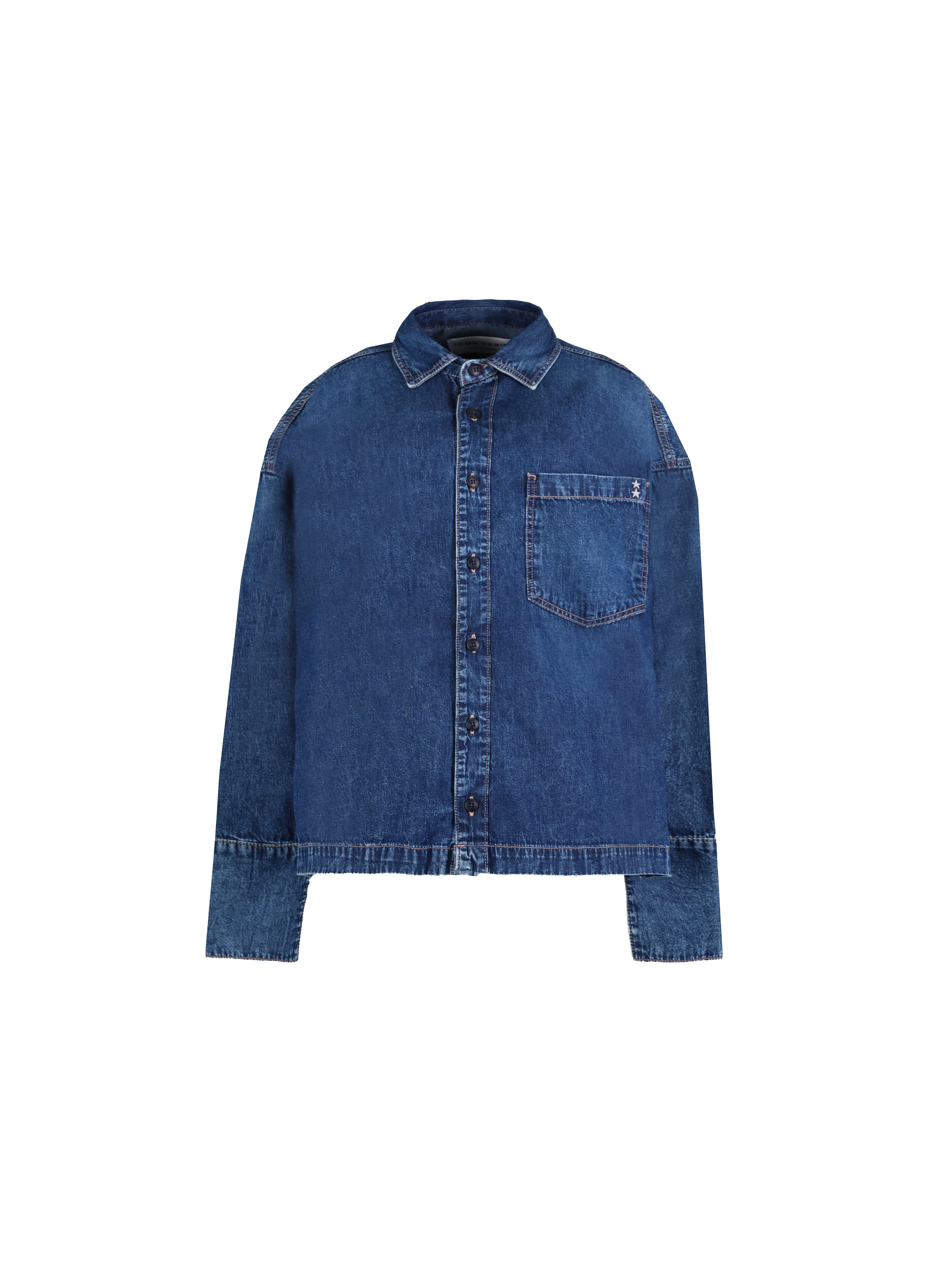 Still life of Rena women’s shirt in eclipse wash, 100% rigid soft cotton denim.