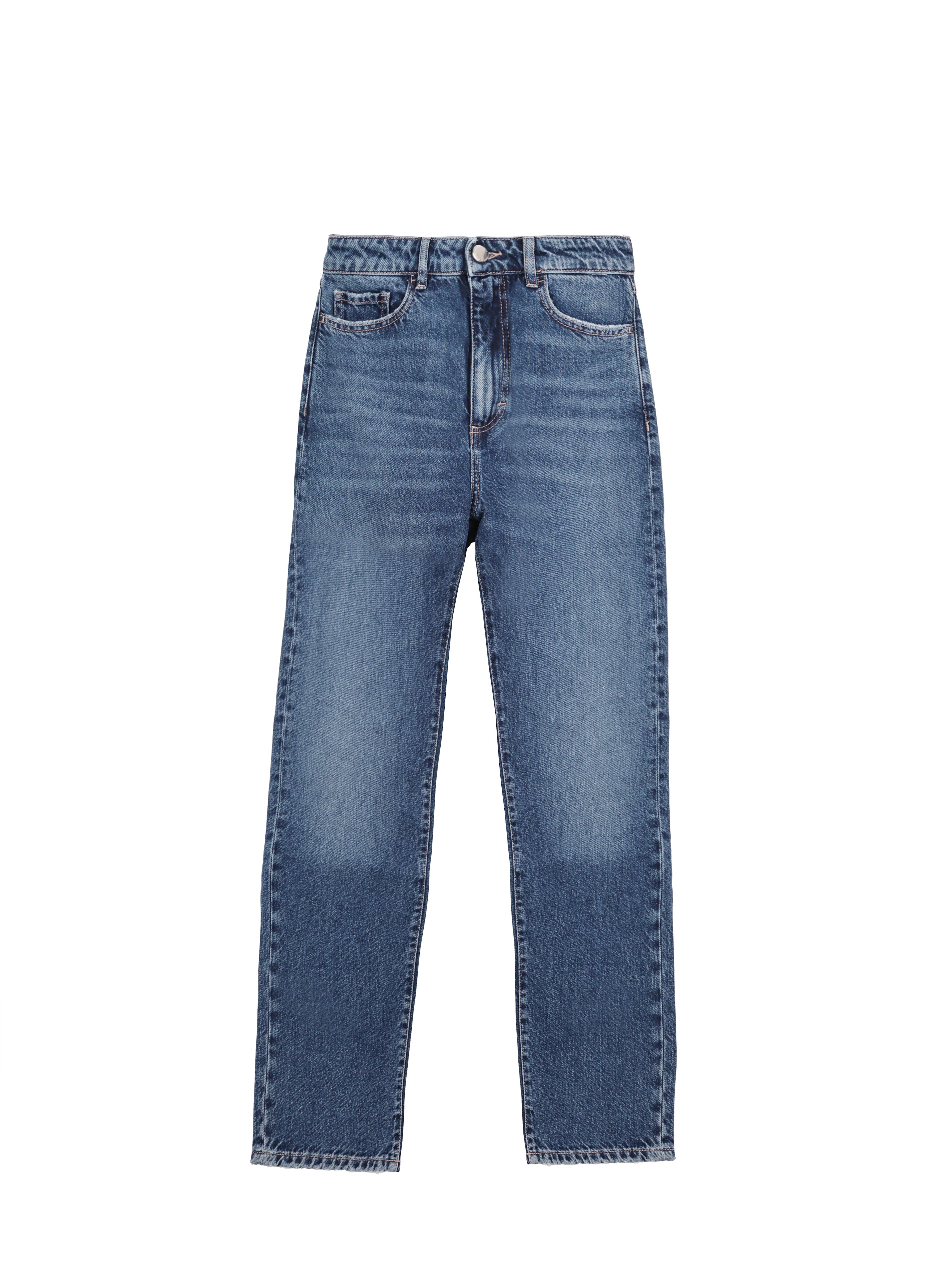 Still life of Rory women’s loose jeans in eclipse wash, 100% rigid cotton denim.