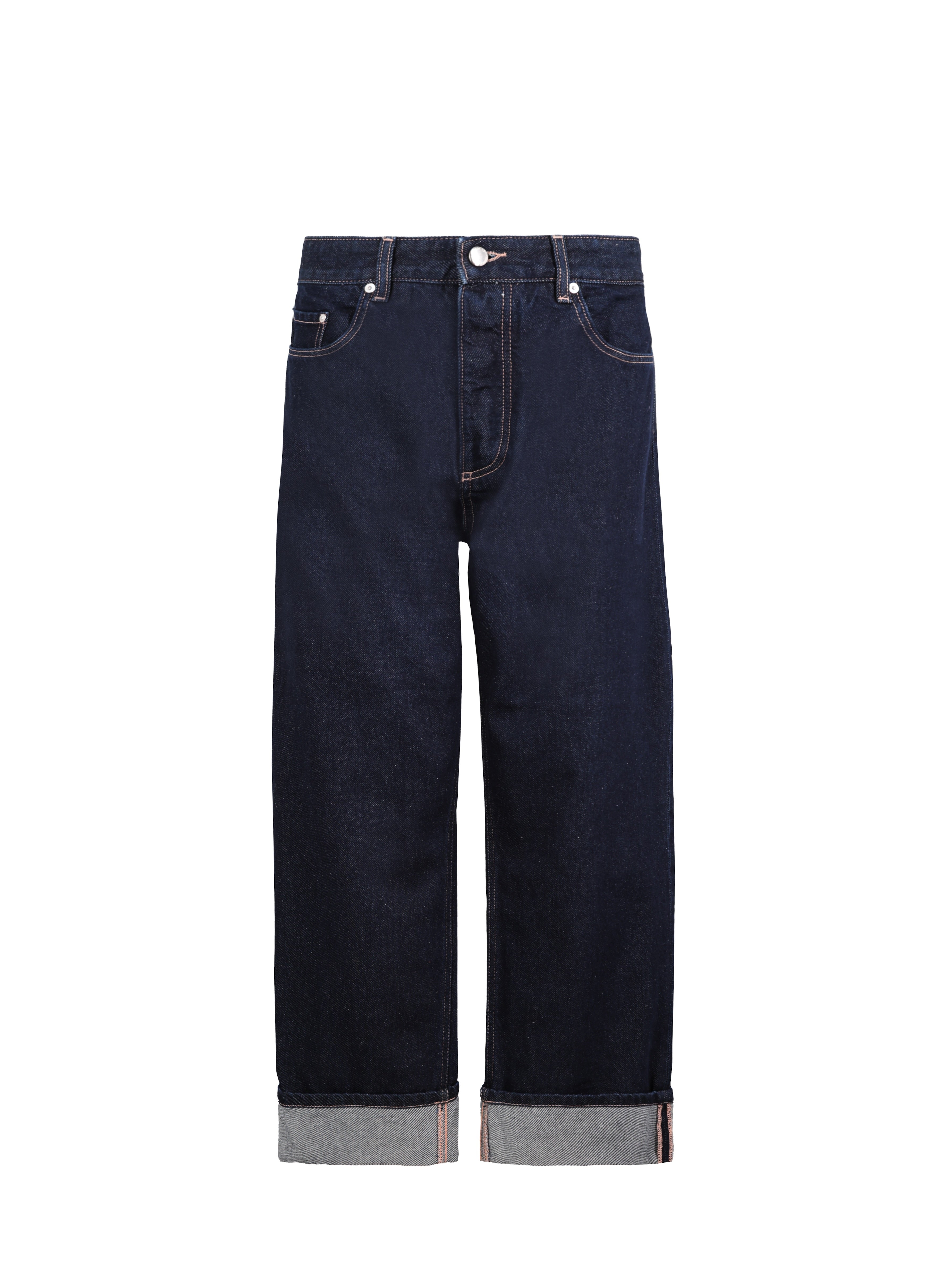 Still life of Will men’s wide leg baggy jeans in indigo raw wash, 100% rigid cotton denim.