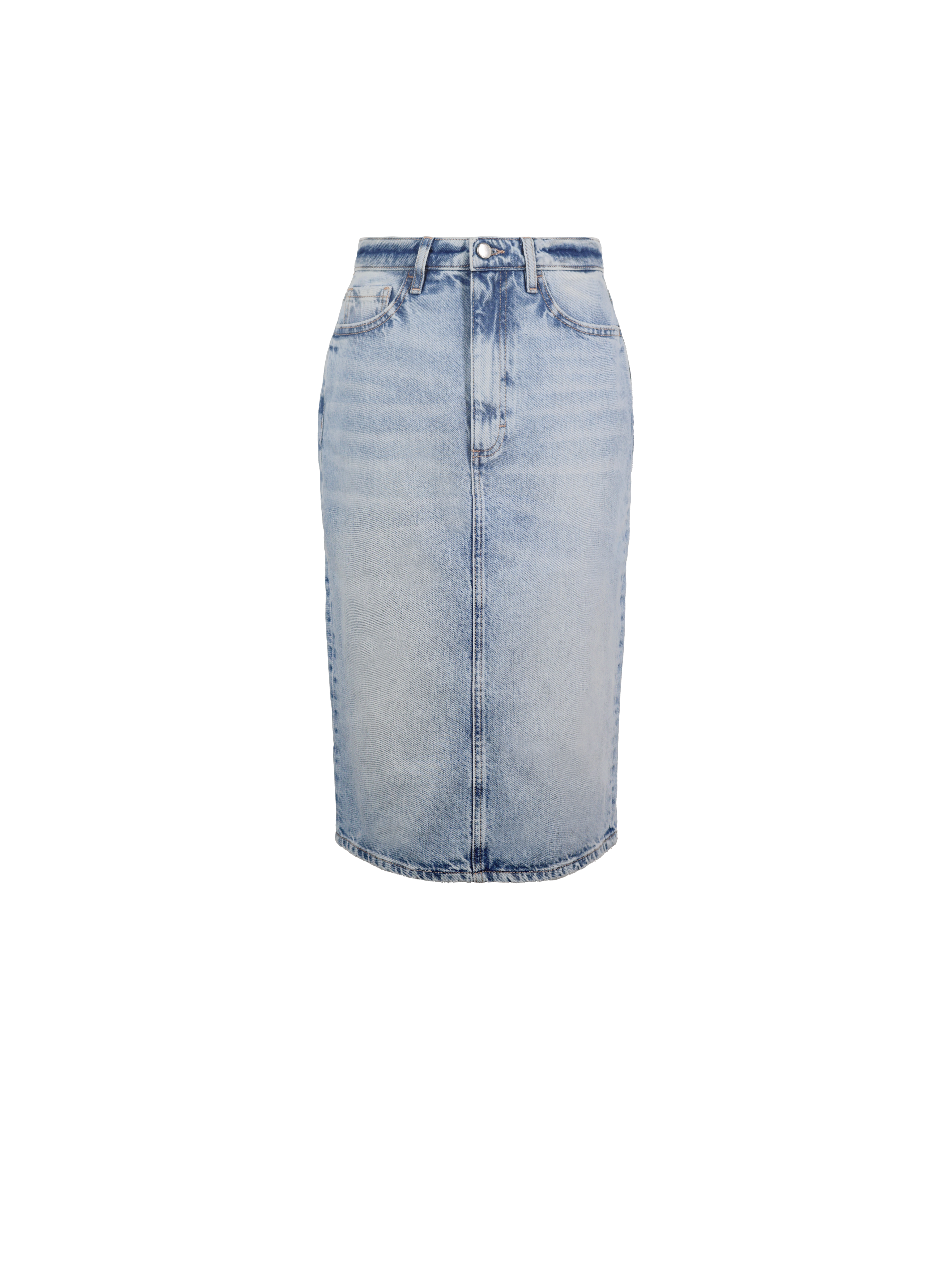 Still life of Ruby women’s midi skirt in sky blue wash, 100% rigid cotton denim.