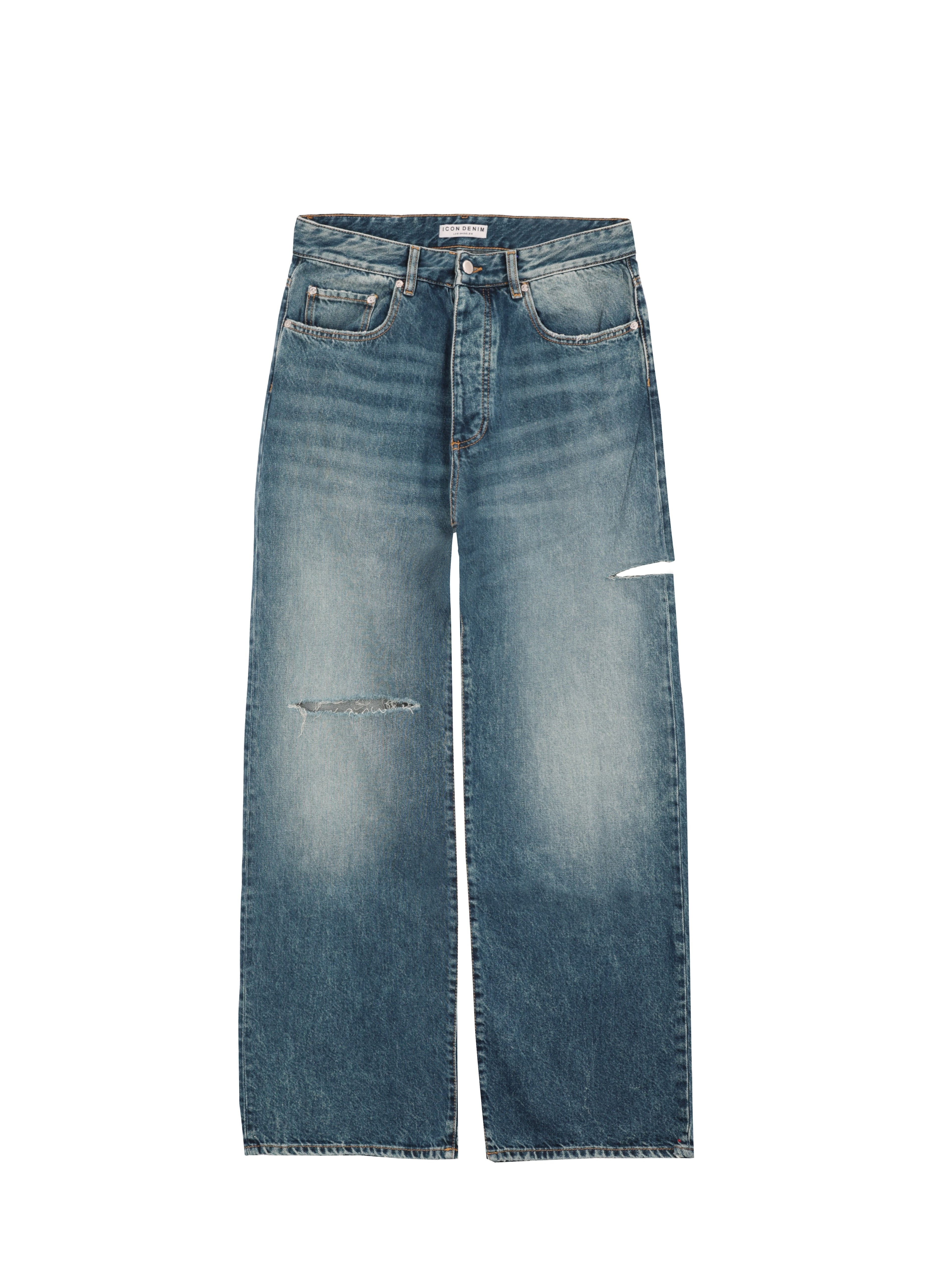 Still life of Scott men’s wide leg jeans in aged stone wash, 100% rigid cotton denim.