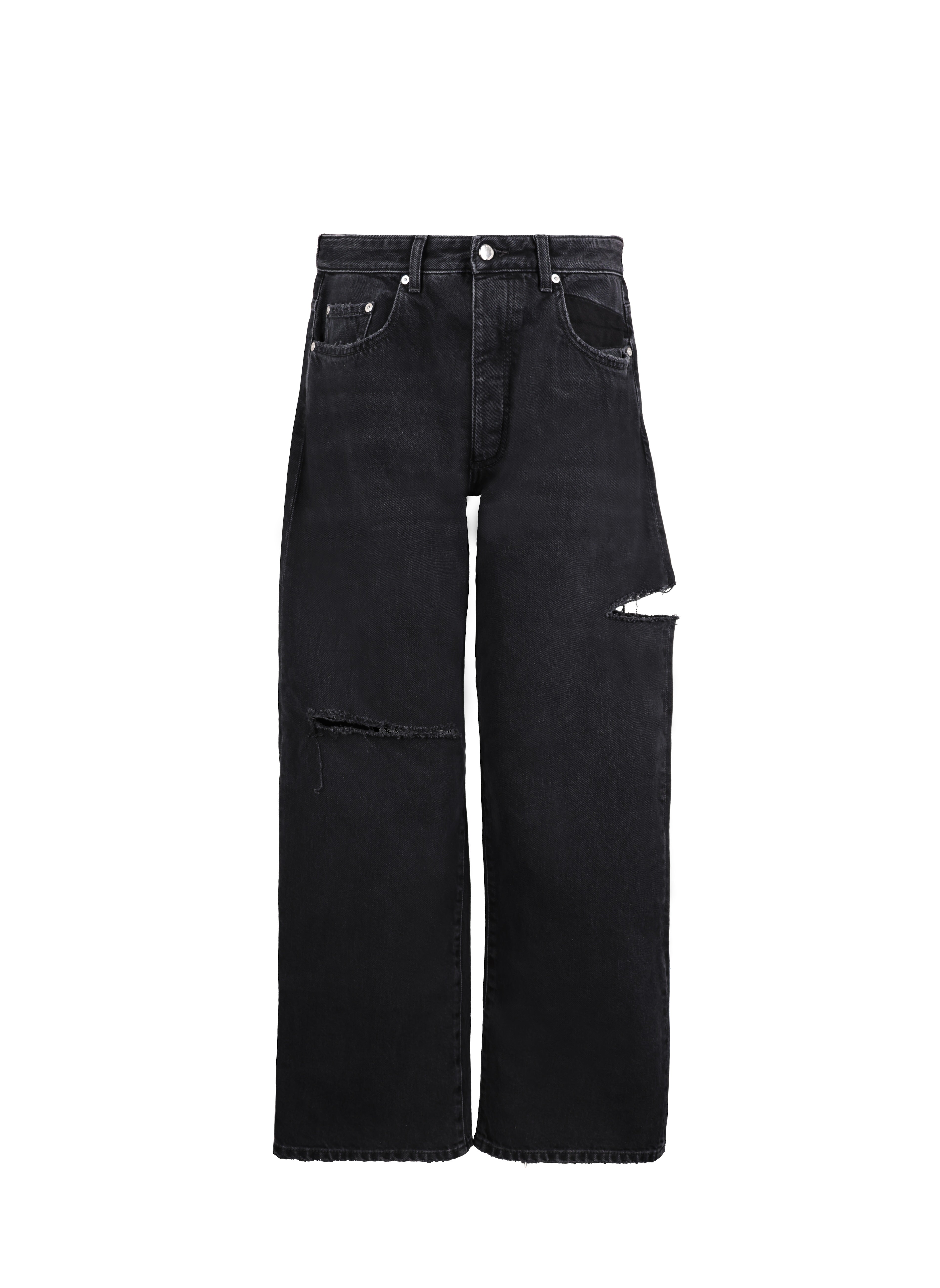 Still life of Scott men’s wide leg jeans in graphite black wash, 100% rigid cotton denim.