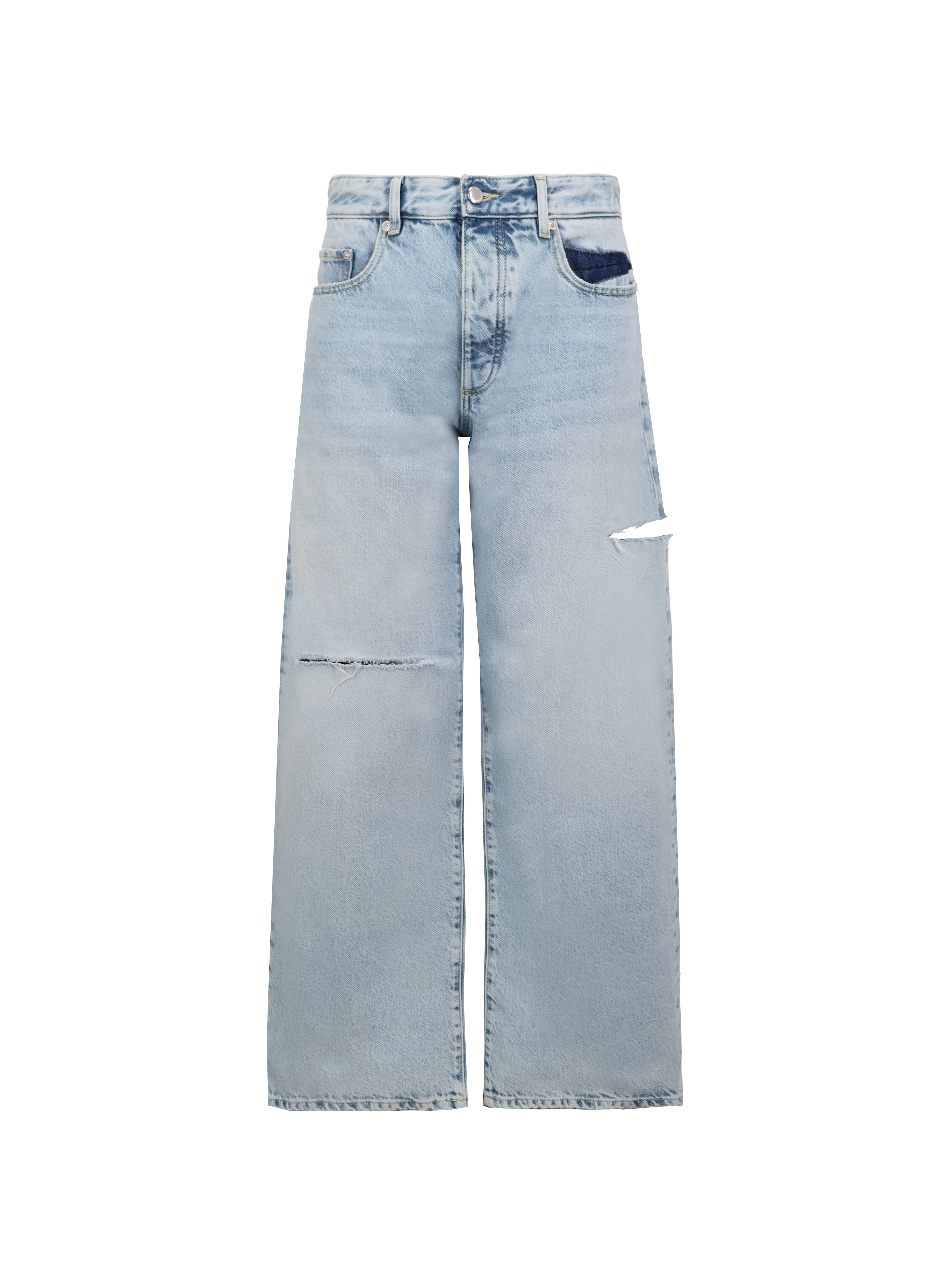 Still life of Scott men’s wide leg jeans in sky blue wash, 100% rigid cotton denim.
