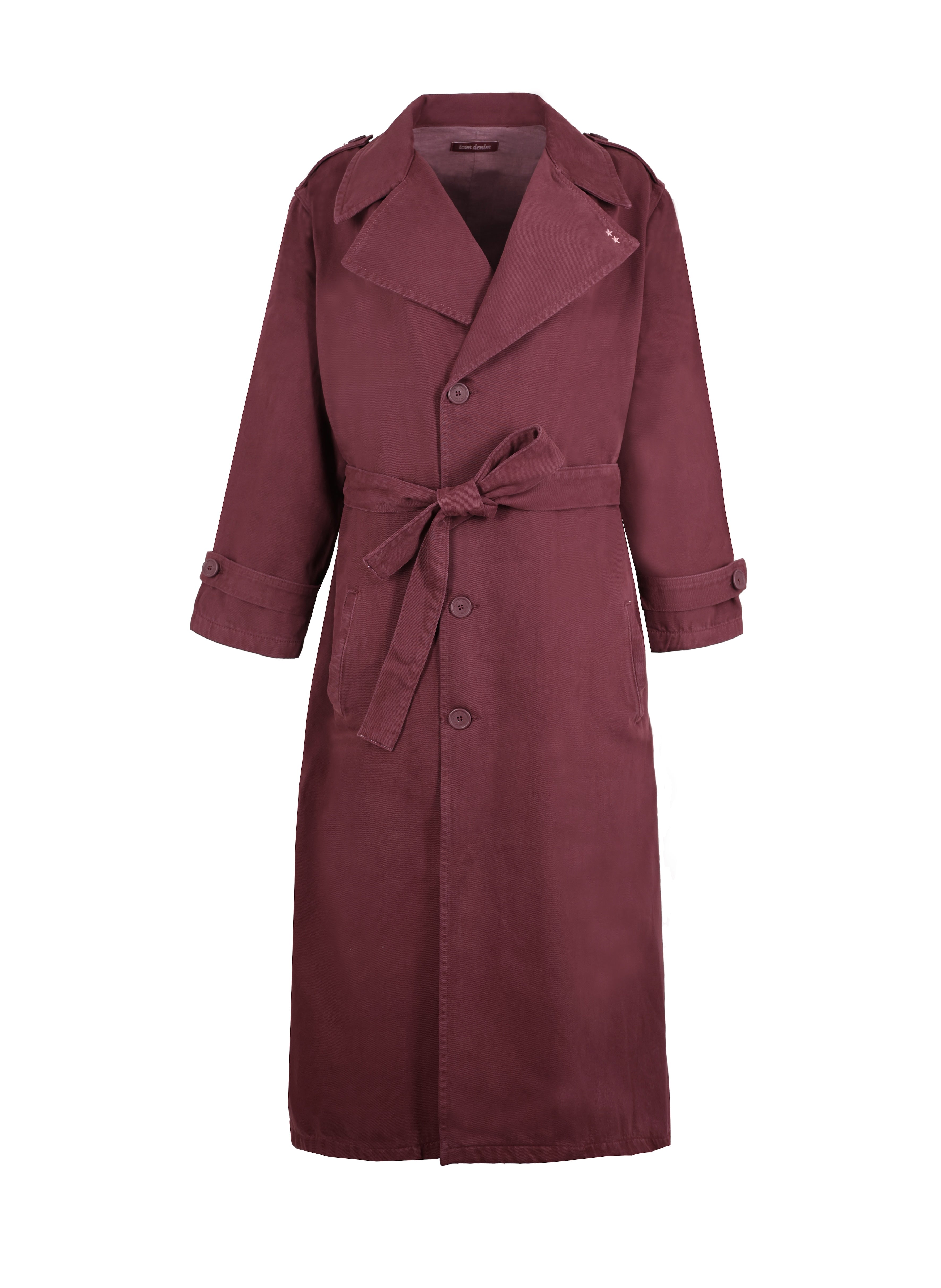 Still life of Snow women’s oversize coat in cherry, 100% rigid cotton denim.