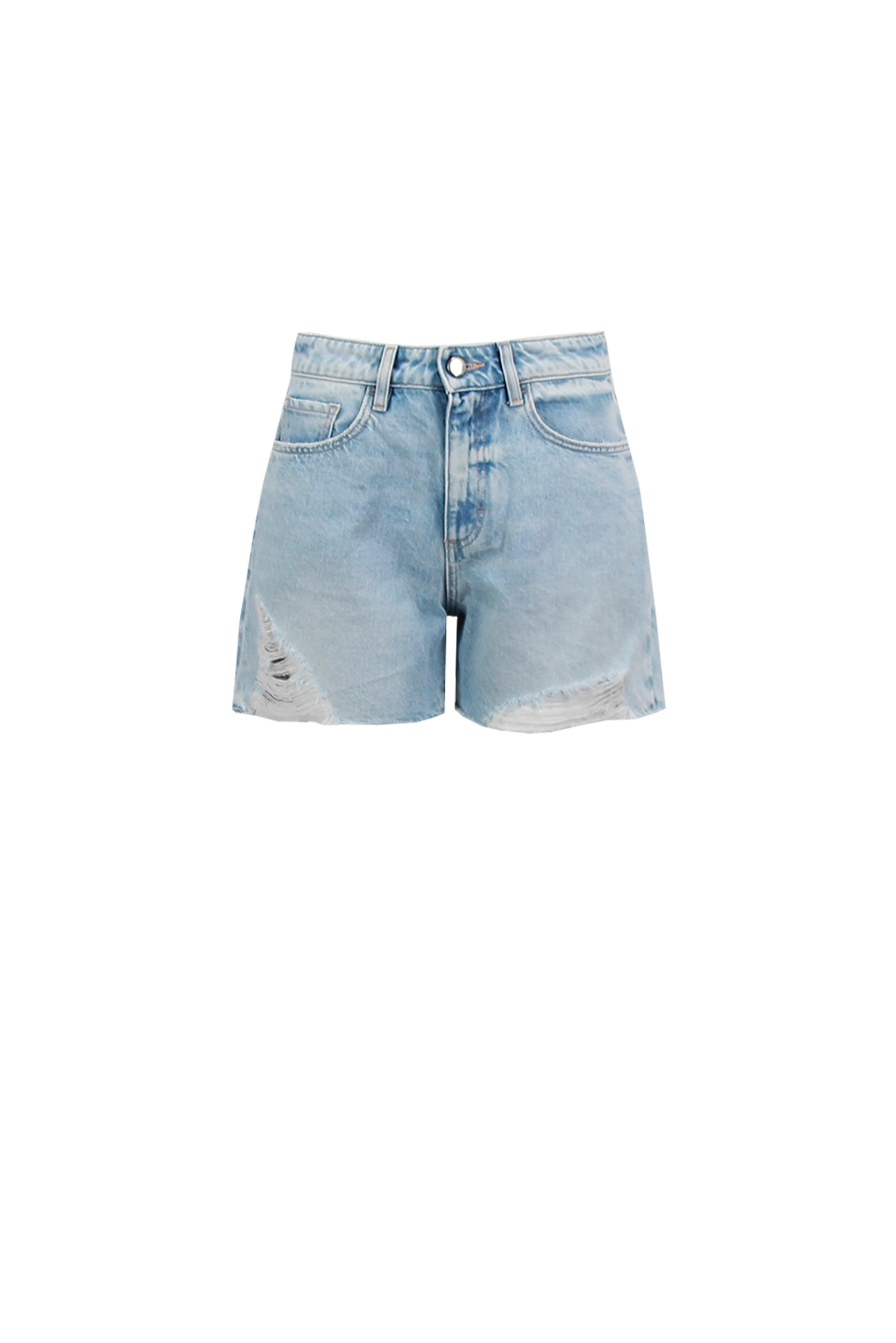 Still life of Tam X women’s straight leg short jeans in light wash, 100% rigid cotton denim.