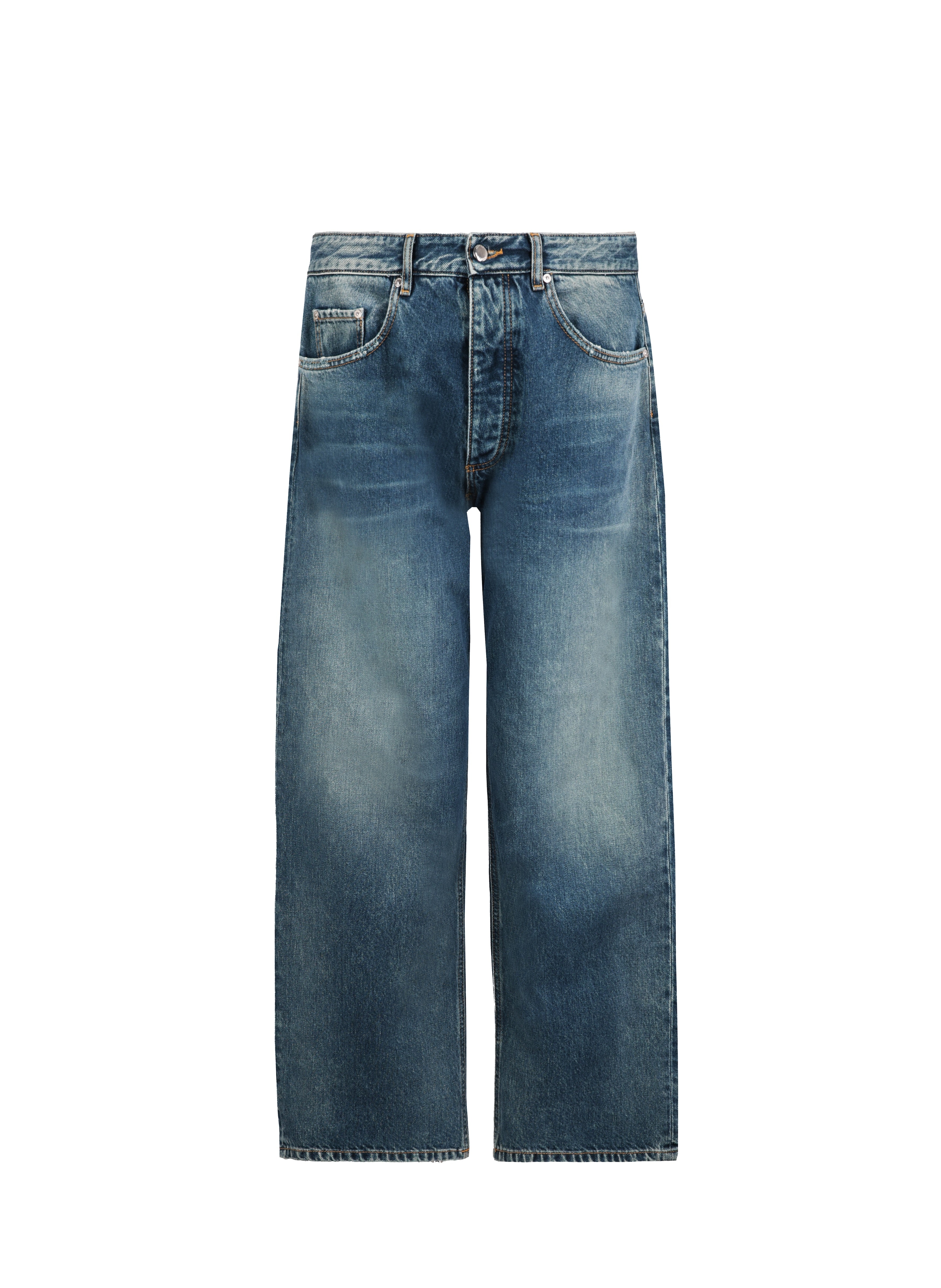 Still life of Will men’s wide leg jeans in aged stone wash, 100% rigid cotton denim.