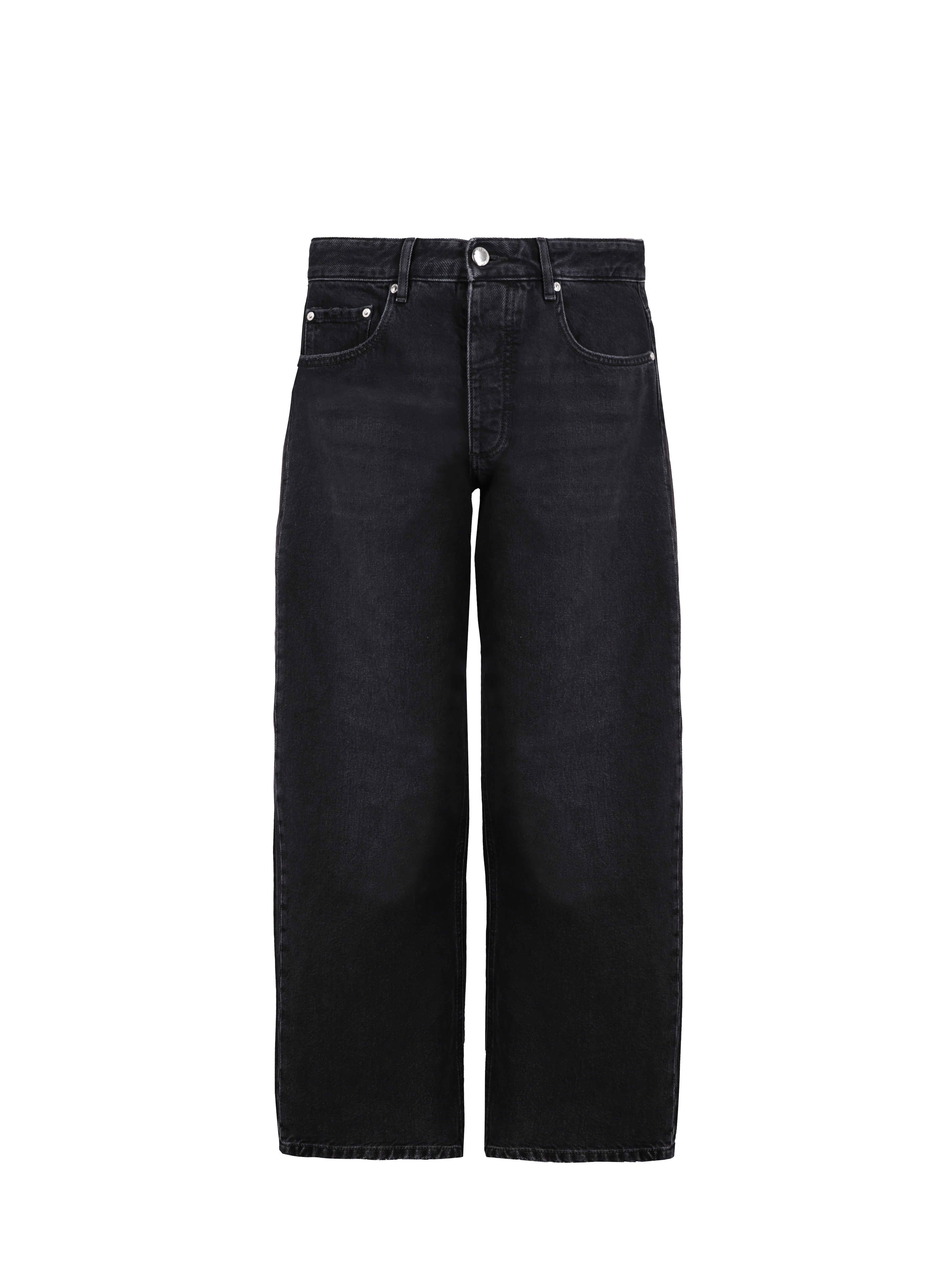 Still life of Will men’s wide leg jeans in graphite black wash, 100% rigid cotton denim.