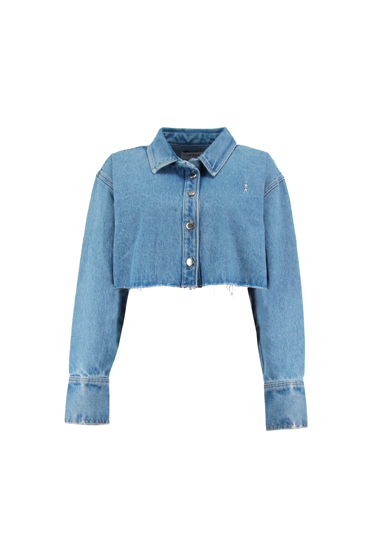 Still life of Amber Eco women’s denim crop shirt in medium wash, 100% rigid organic cotton denim.