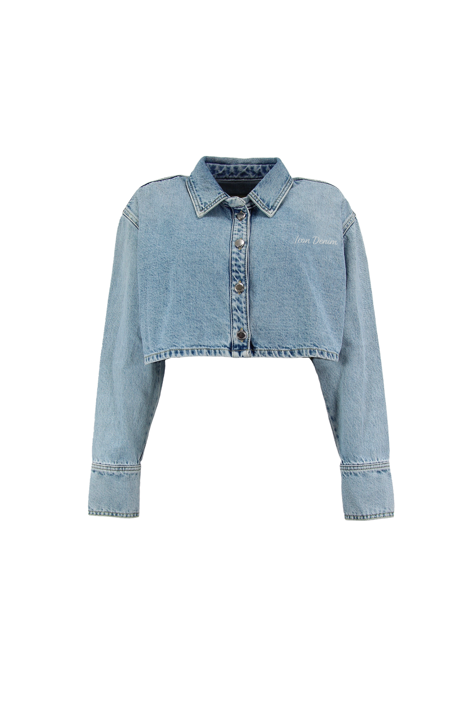Still life of Amber women’s denim shirt in light wash, 100% rigid cotton denim.