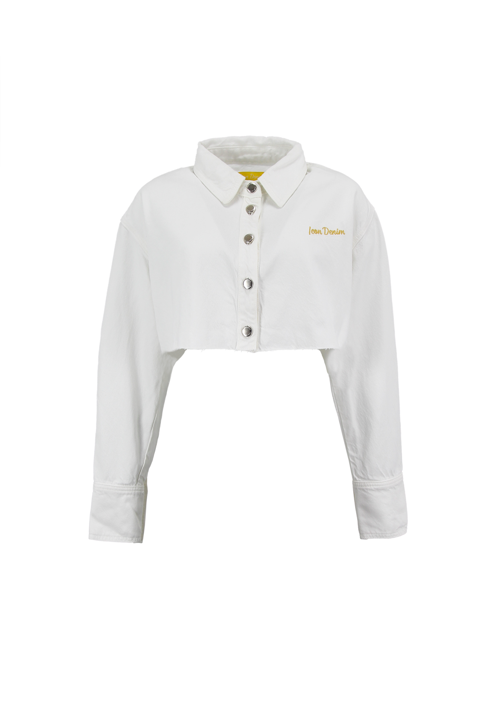 Still life of Amber women’s denim crop shirt in white, 100% rigid soft cotton denim.
