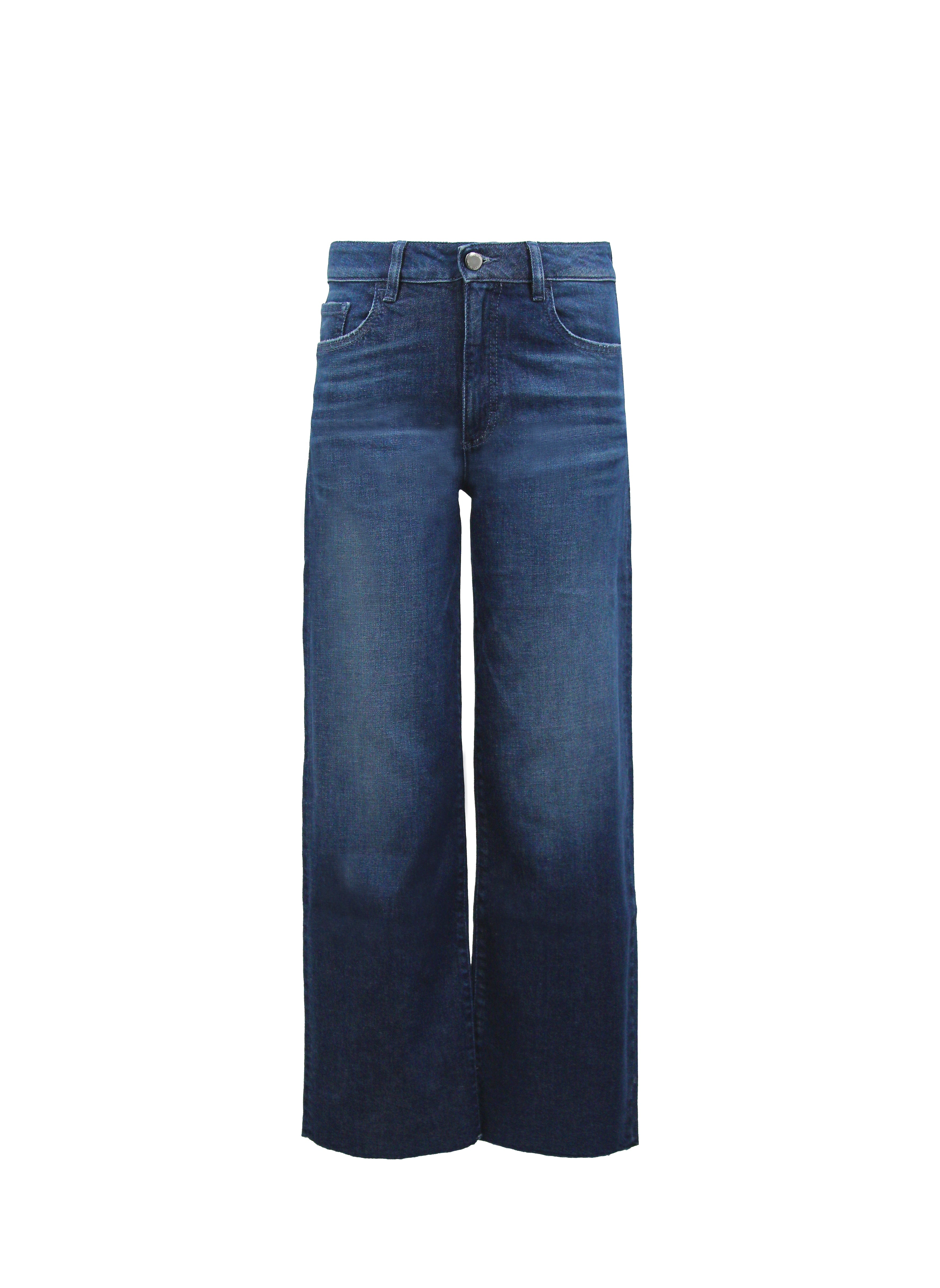 Still life of Angie women’s flared crop jeans in dusty blue wash, 99% cotton denim and 1% Elastan fibers.
