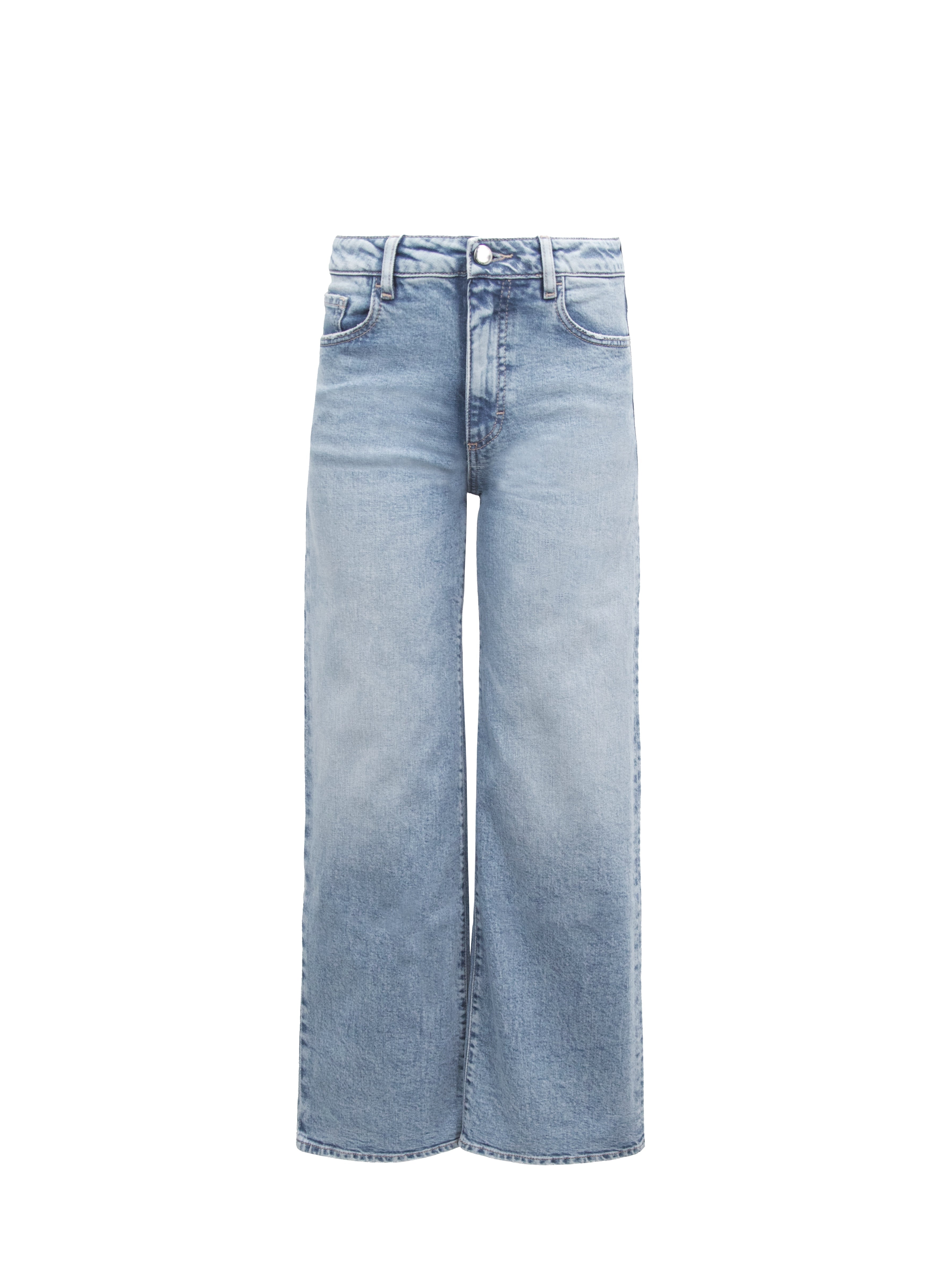Still life of Angie women’s flared crop jeans in sky blue wash, 99% cotton denim and 1% Elastan fibers.