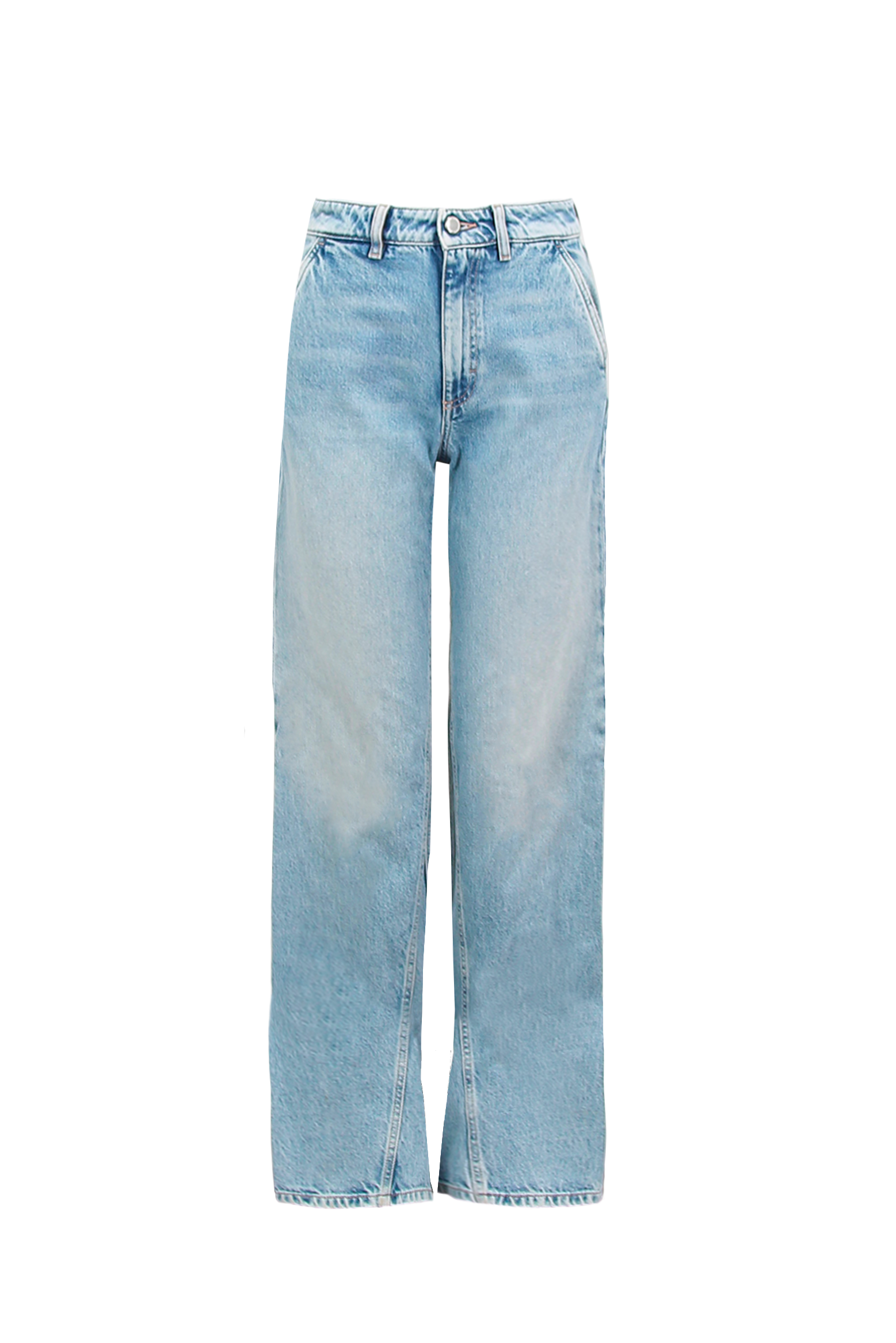 Still life of Annie women’s straight leg jeans in light wash, 100% rigid cotton denim.