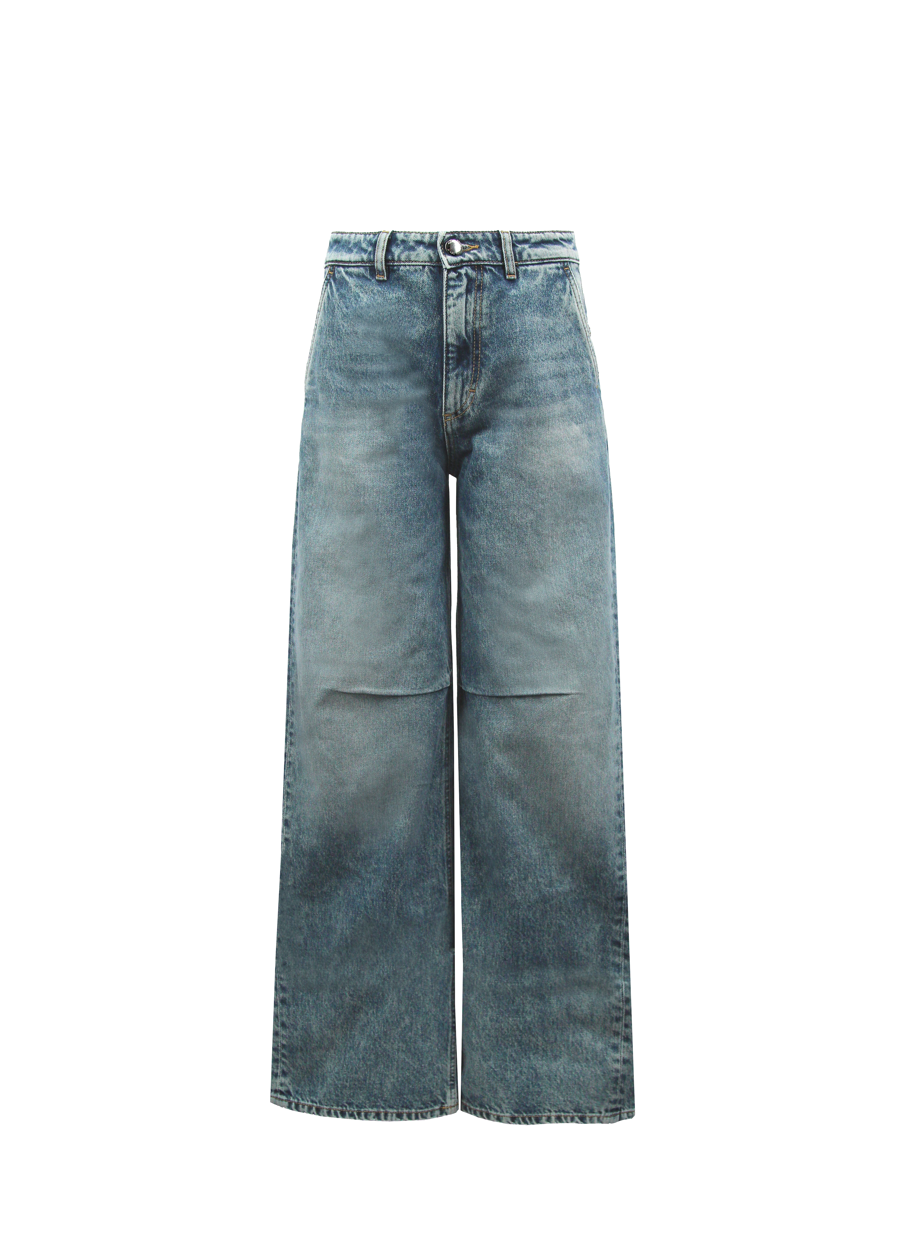 Still life of Ava women’s wide leg jeans in aged stone wash, 100% rigid cotton denim.