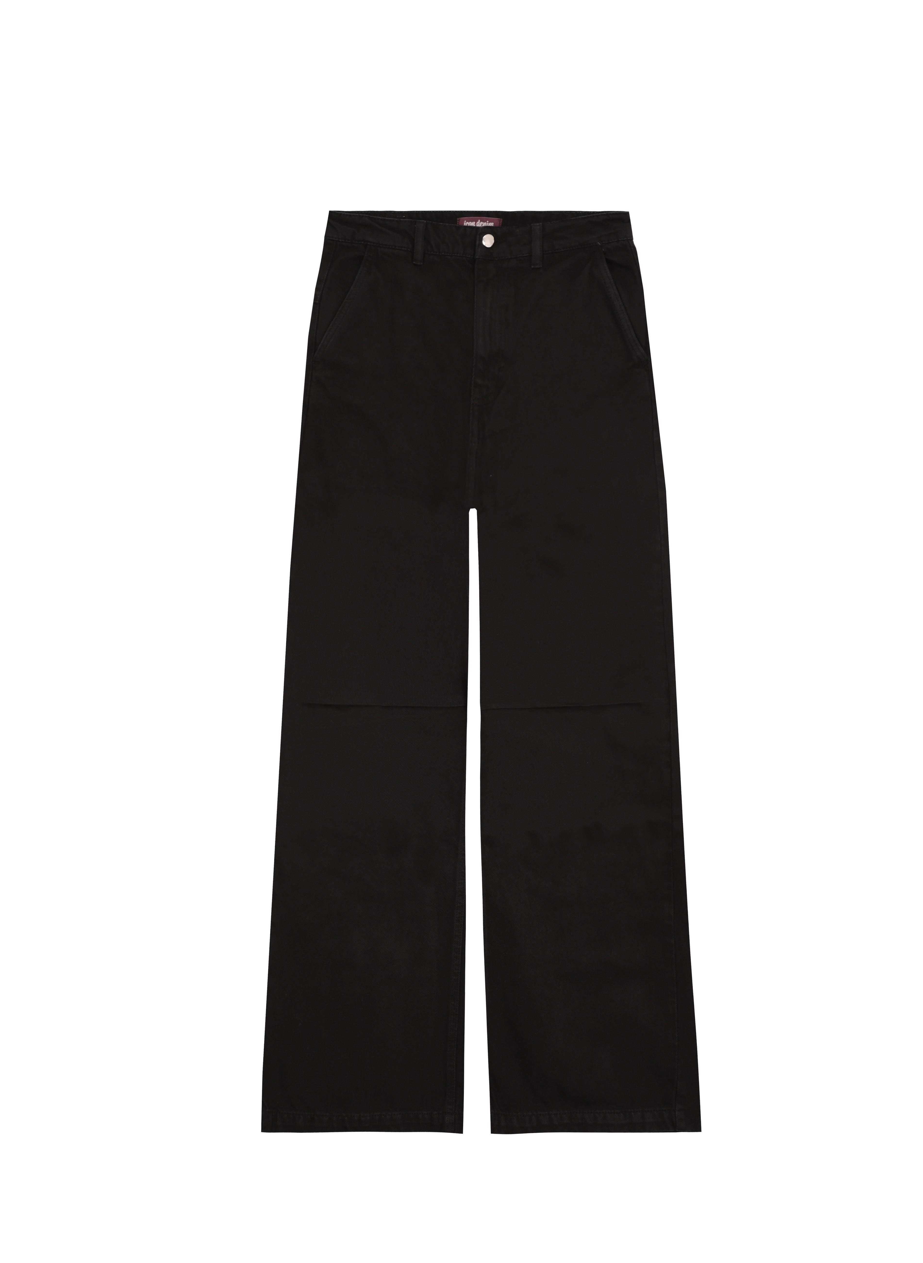 Still life of Ava women’s wide leg jeans in black wash, 100% rigid cotton denim.